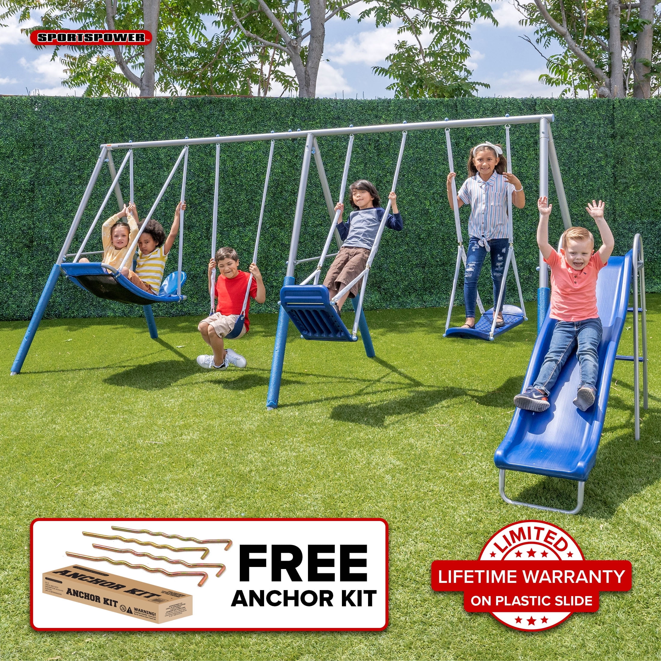 Sportspower Super Surfer Metal Swing Set with Surfboard Swing, Skyflyer Swing, Standing Swing, Lifetime Warranty on Blow-Molded Slide, and Bonus Anchor Kit