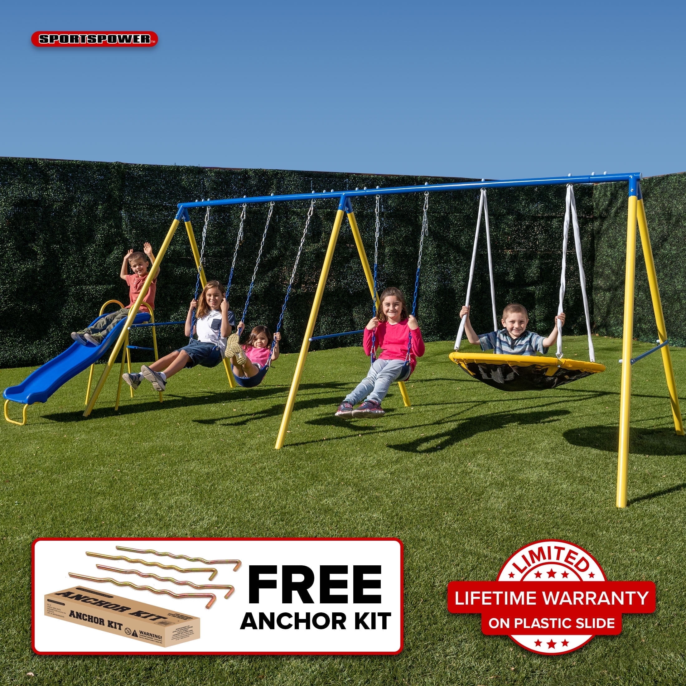 Sportspower Triple Swing & Saucer Outdoor Playset, 3 Sling Swings, Saucer Swing, 5 ft Slide, Anchor Kit, Ages 3–8, 7.55 x 17.06 x 6.07 FT