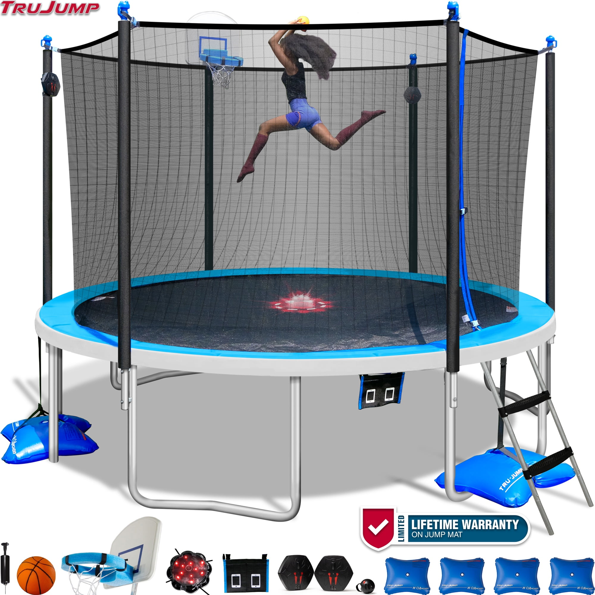 Sportspower TruJump 12 FT ULTIMATE MULTIPLAY Heavy Duty Outdoor Trampoline with Dunk Zone Basketball Hoop system, Safety Enclosure Net, Electron Shooter, Water Anchor, Flashlite Zone and Phone Pouch