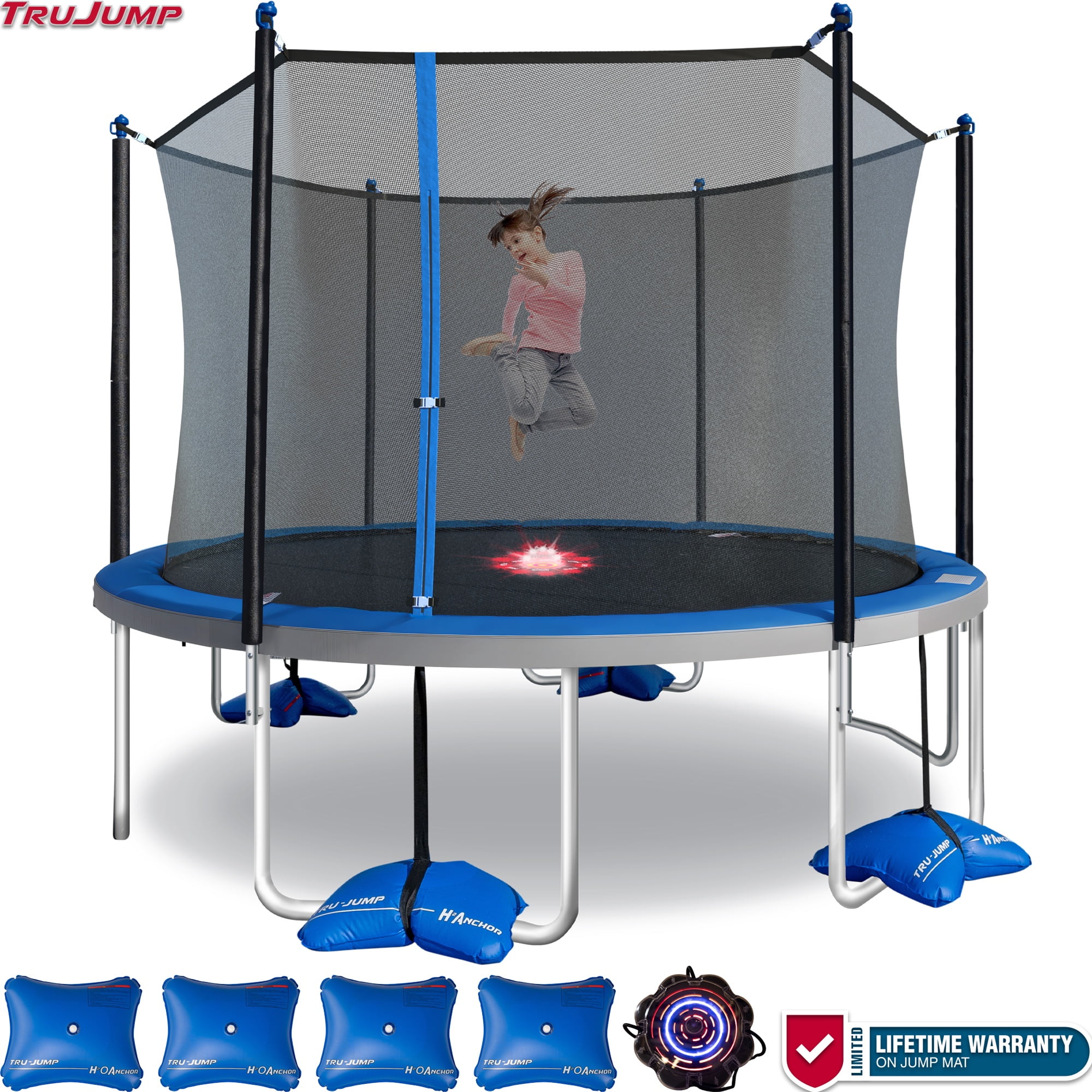 Sportspower TruJump 12' Trampoline, with Water Anchors, Spin-N-Light, and Enclosure, Blue