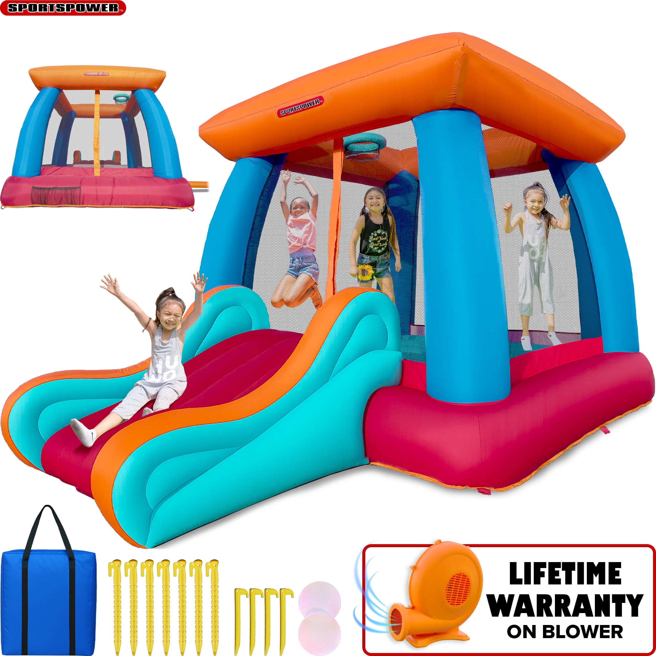 Sportspower Outdoor Inflatable Bounce House with Hoop & Slide for Kids, 144" x 108" x 86.4", Basketball & 400W Blower Included