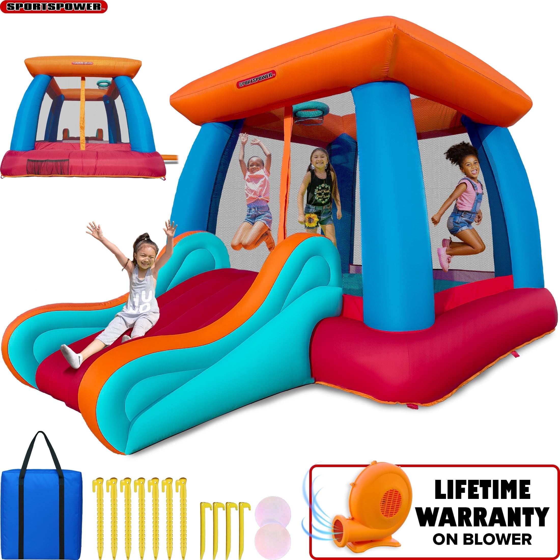 Sportspower My 1st Inflatable Bounce House with Slide & Basketball Hoop, Outdoor Bouncer for Kids, Blower & Anchors Included, 144" x 108" x 86.4"