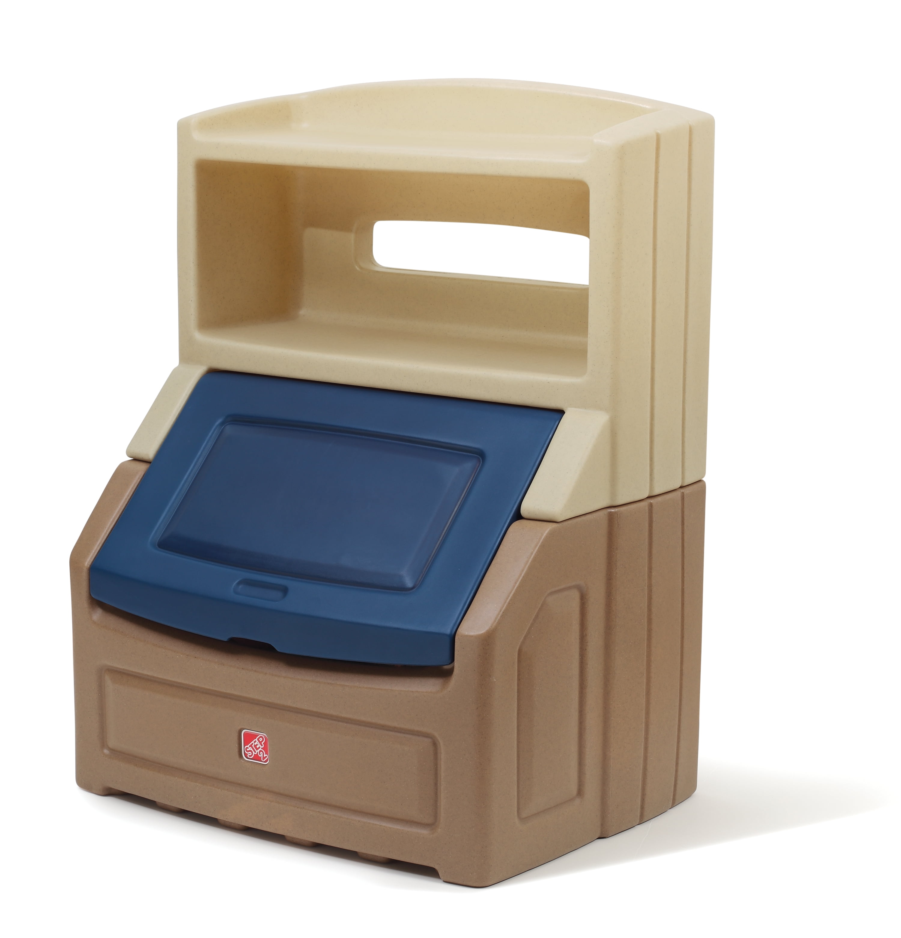 Step2 Lift & Hide Brown and Blue 38" Tall Plastic Toddler Bookcase and Kid Toy Box and Toy Storage