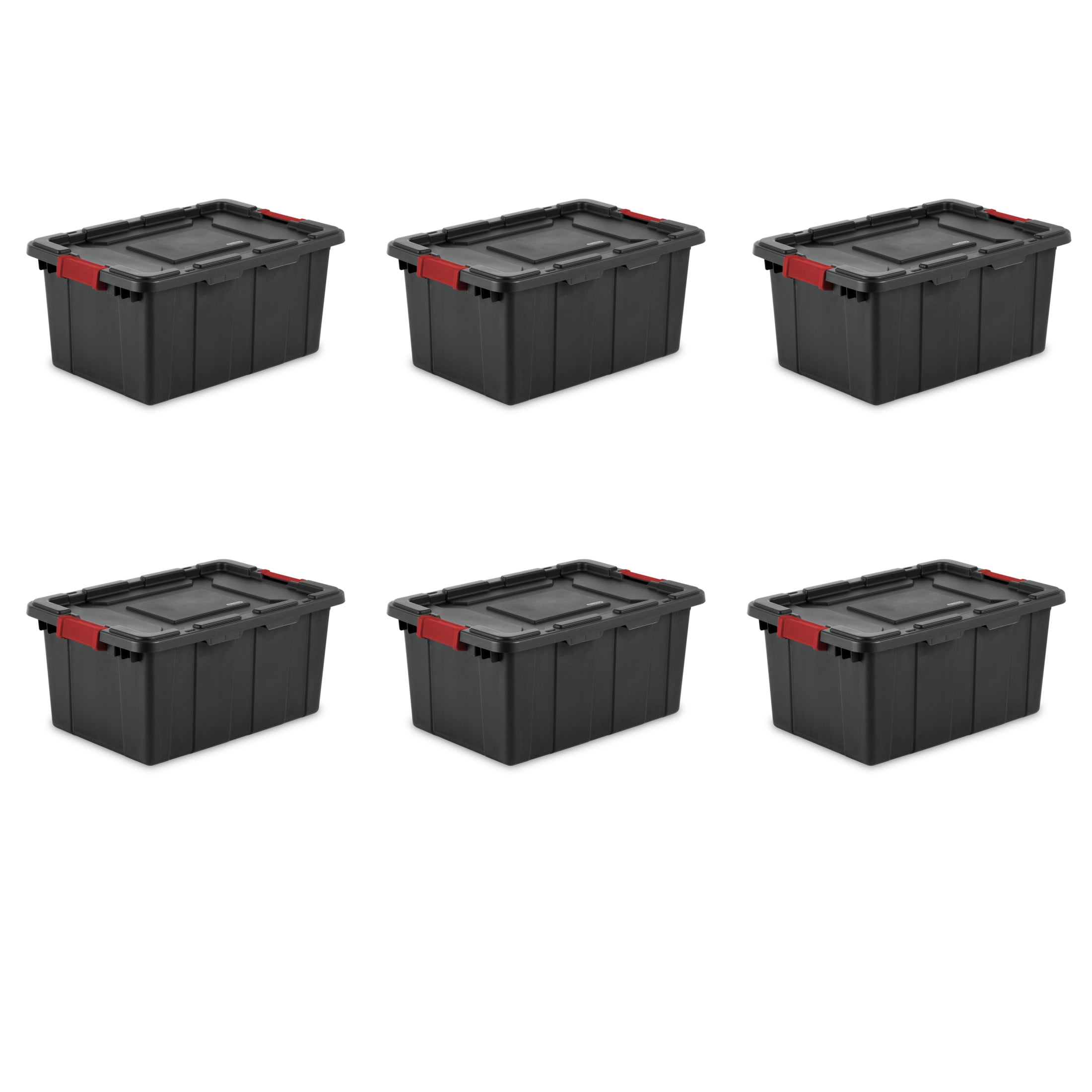 Sterilite 15 Gallon Industrial Tote, Rugged Plastic Storage Bin, Latch Lid, Black, 6 Pack