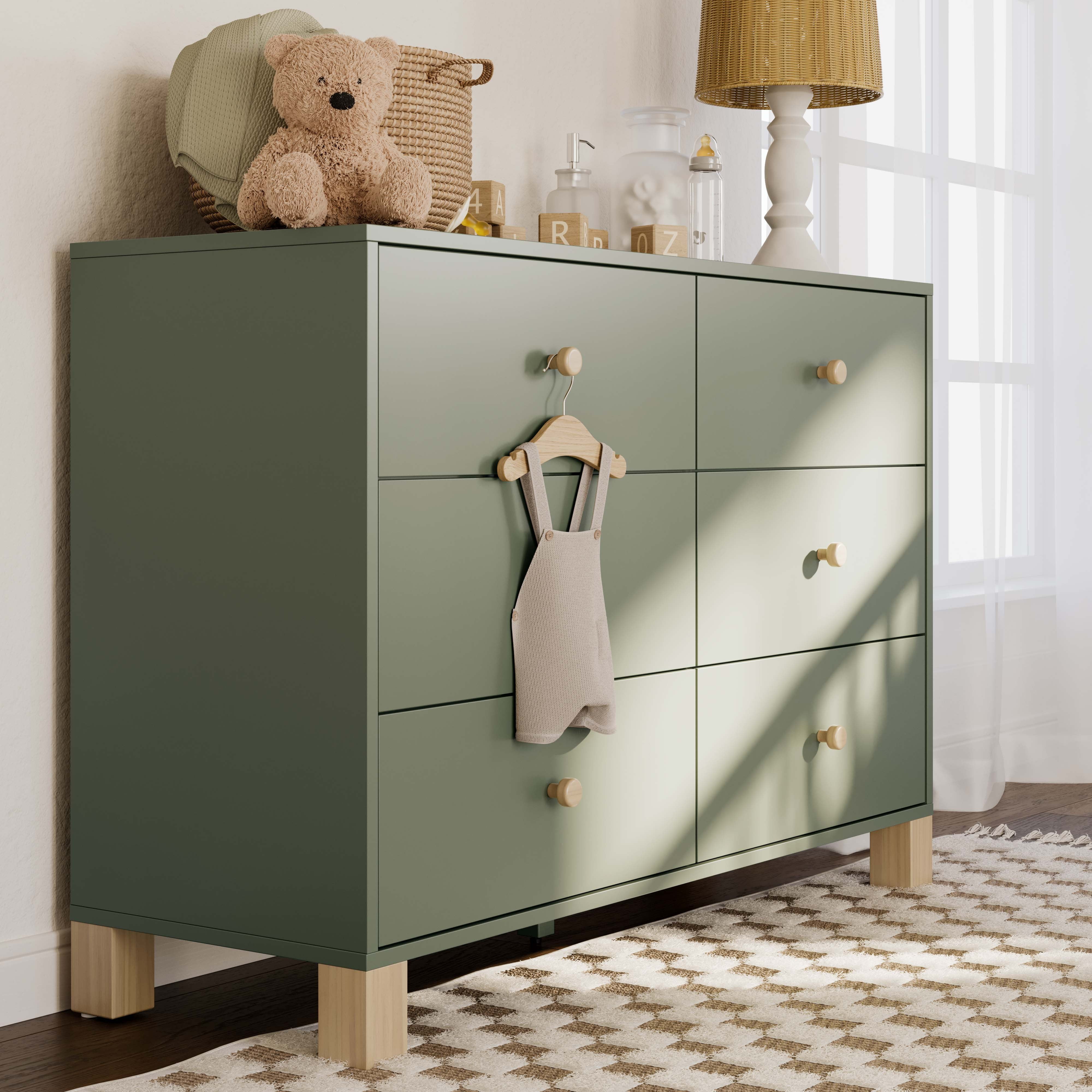 Storkcraft California 6 Drawer Nursery Wood Double Dresser, Olive with Driftwood