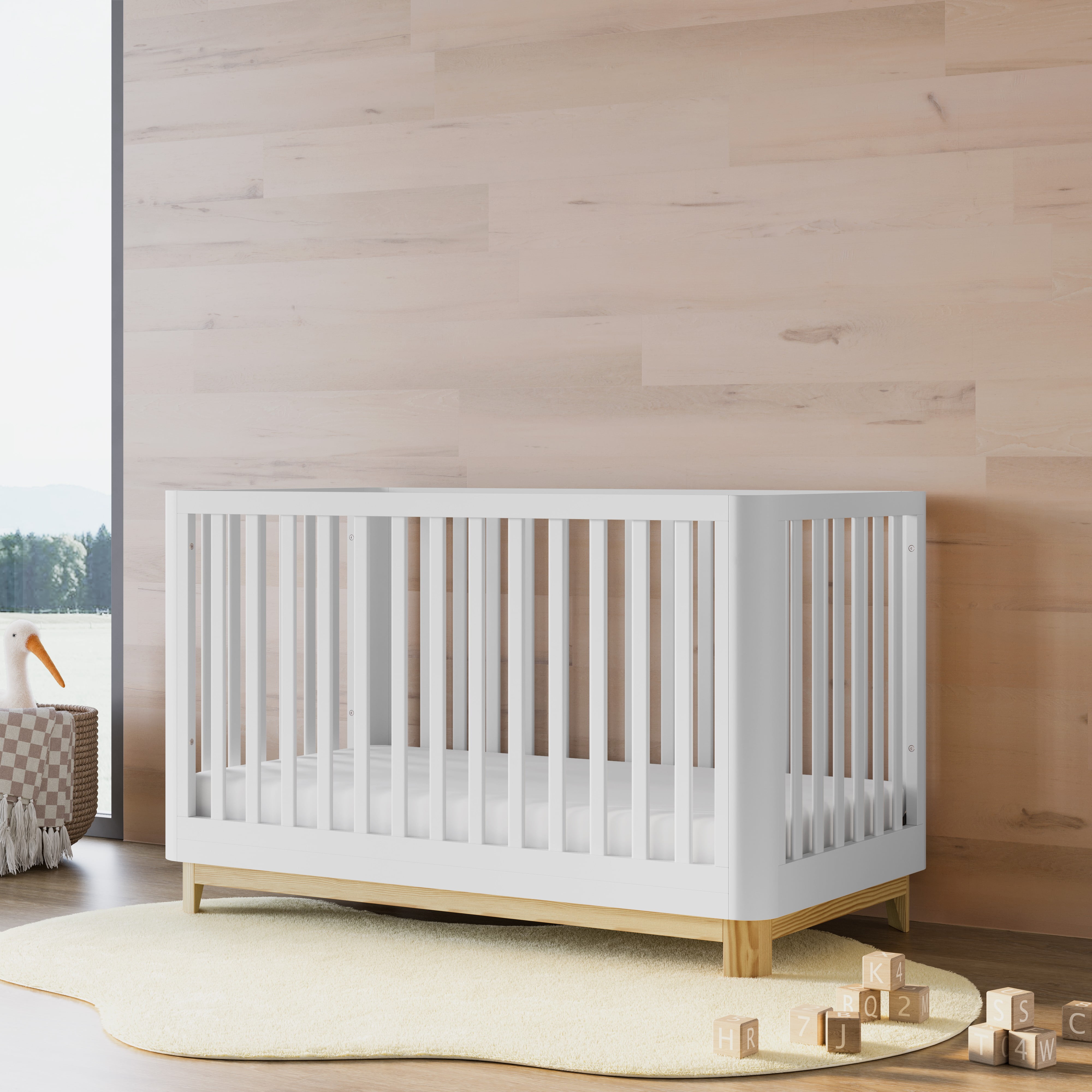 Storkcraft Santos 3-in-1 Convertible Baby Crib, White with Natural