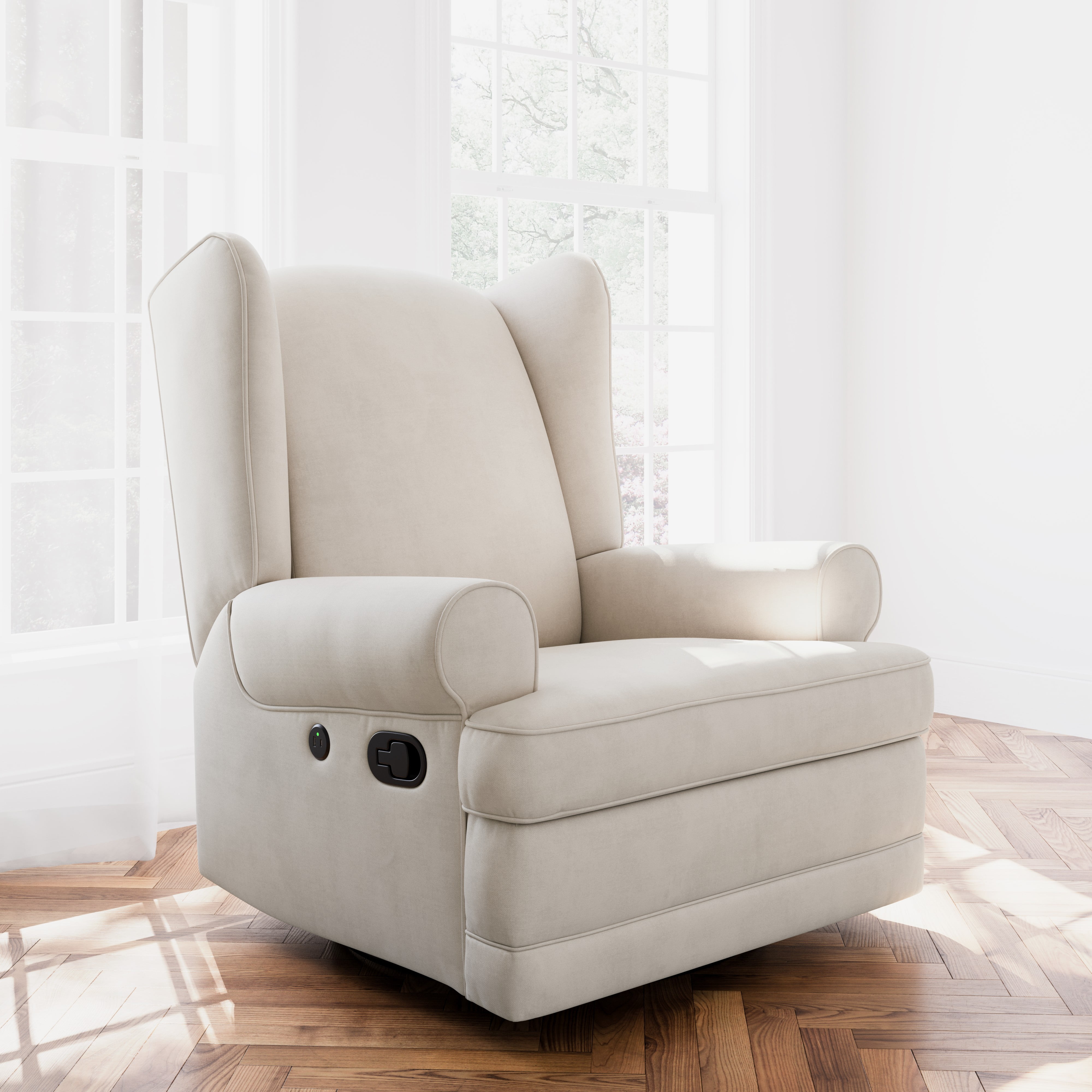 Storkcraft Serenity Wingback Infant Upholstered Recline Glider with USB, Ivory
