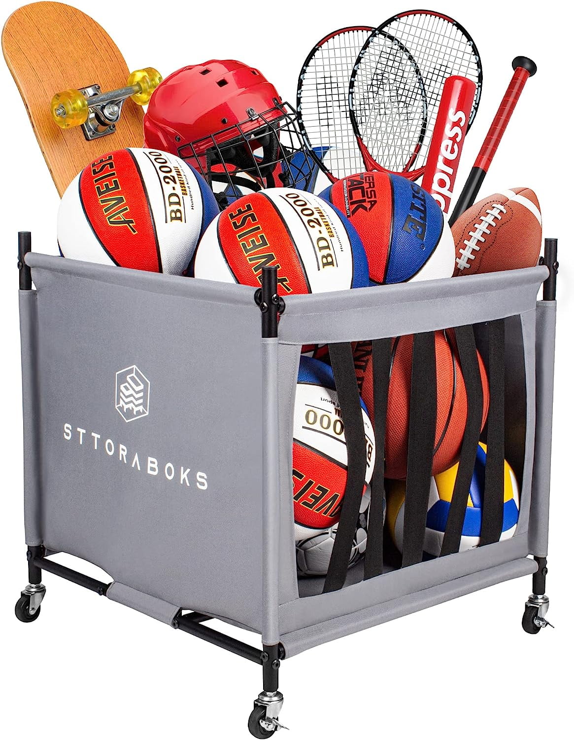 Sttoraboks Sports Ball Storage Cart with Wheels, Lockable Ball Organizer Basket with Elastic Straps, Stackable Ball Cage for Garage Storage, Gym, Sports Equipment Storage Oxford Bin, Ball Case