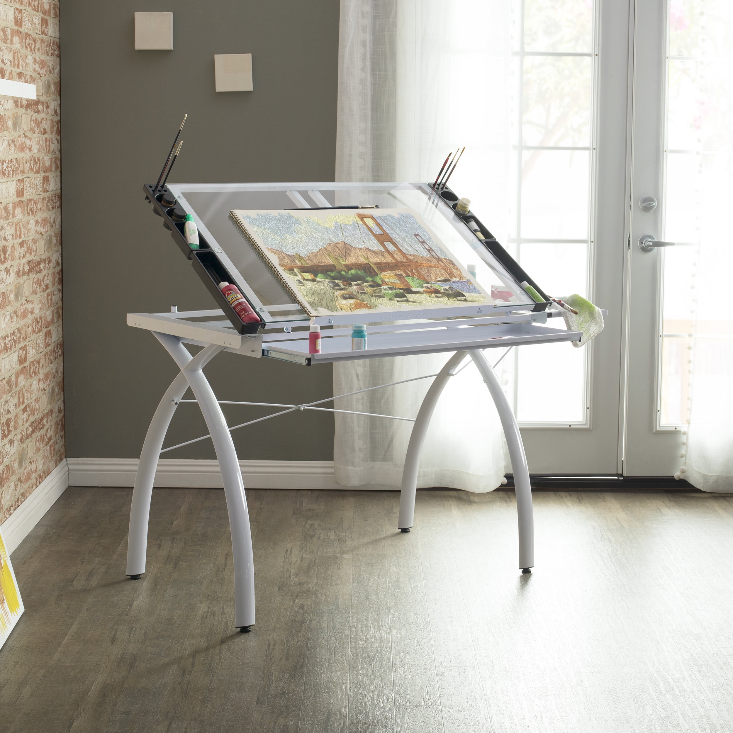 Studio Designs Metal Drafting Table with Folding Top Shelf, White