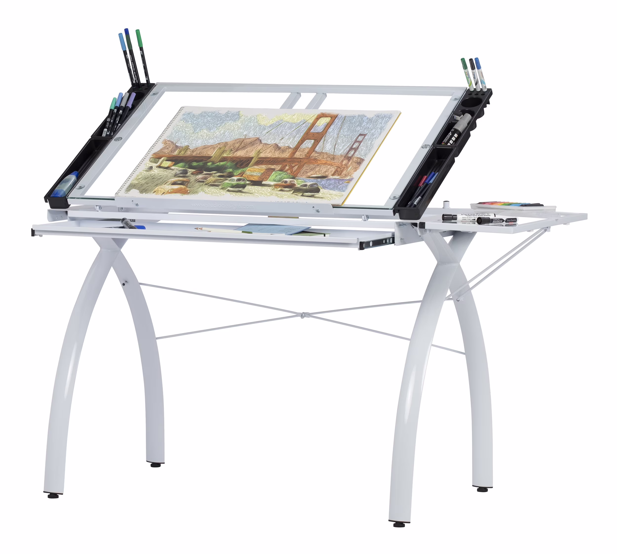 Studio Designs Futura Craft Station Drafting, Craft Table with 9.5"W Folding Shelf and 35.5" W Glass Adjustable Angle Top