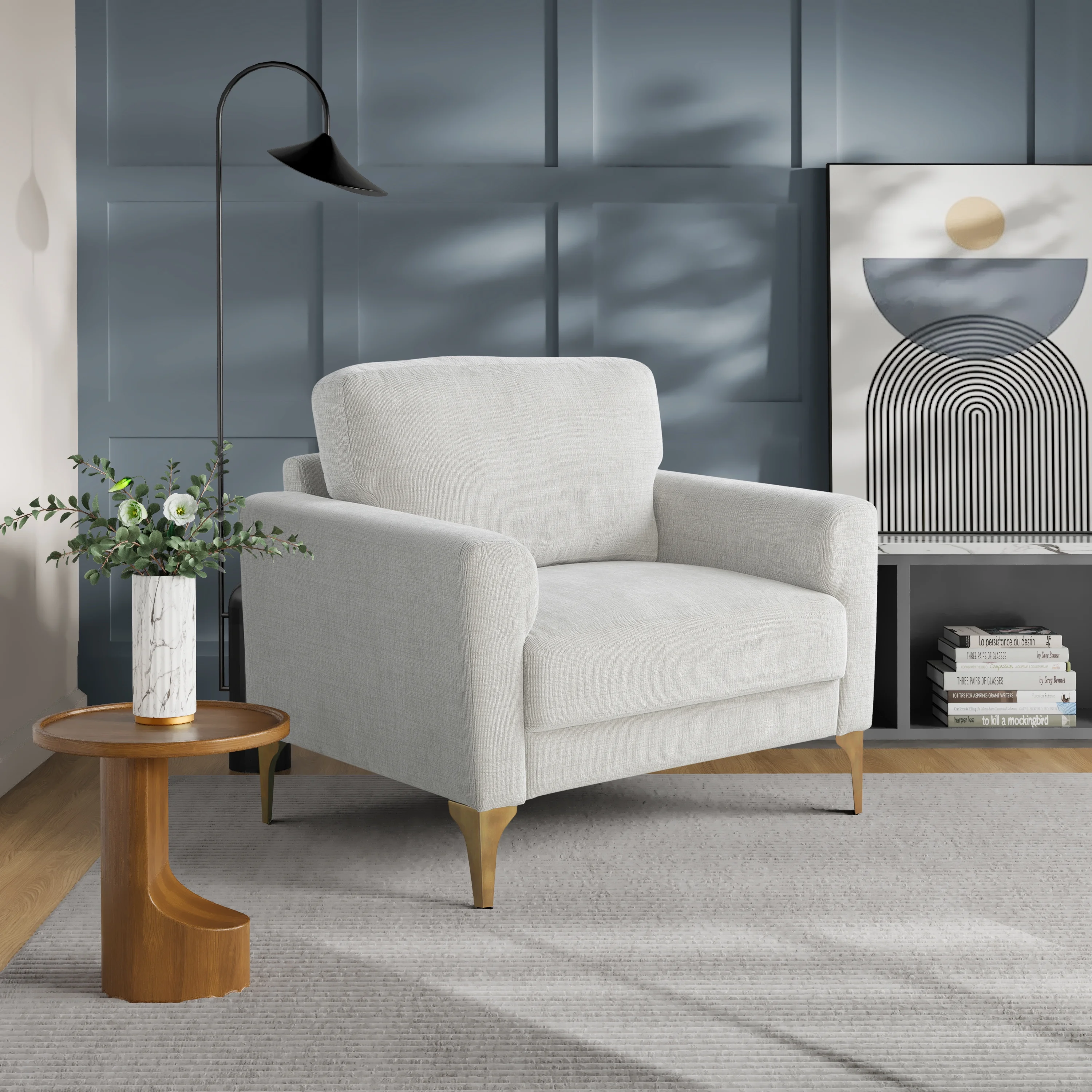 Studio Living Mayfield Modern Arm Chair, Ivory Woven Fabric