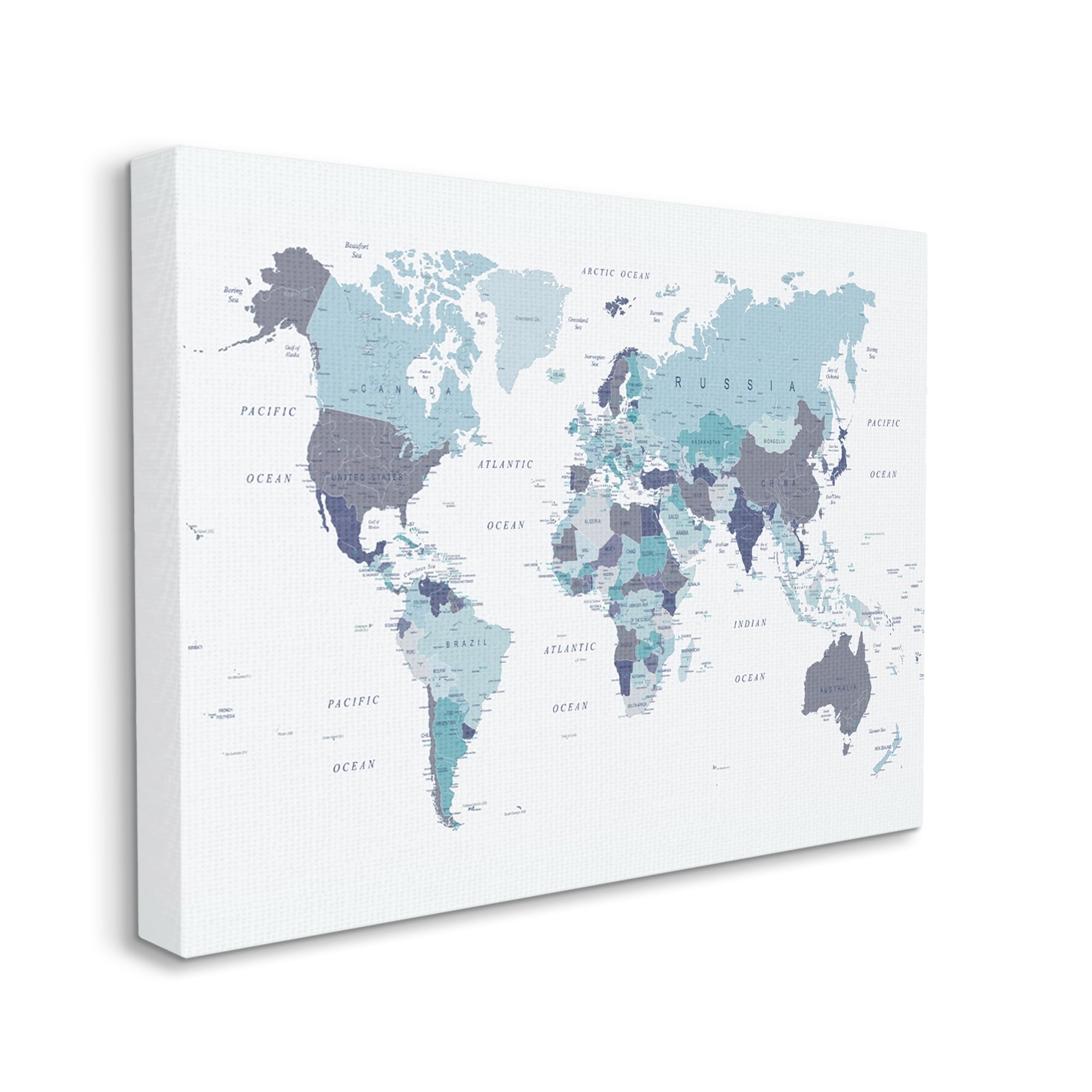 Stupell Home Décor World Map with Labels Monochromatic Blue Regions, 36 x 48, Designed by Urban Epiphany