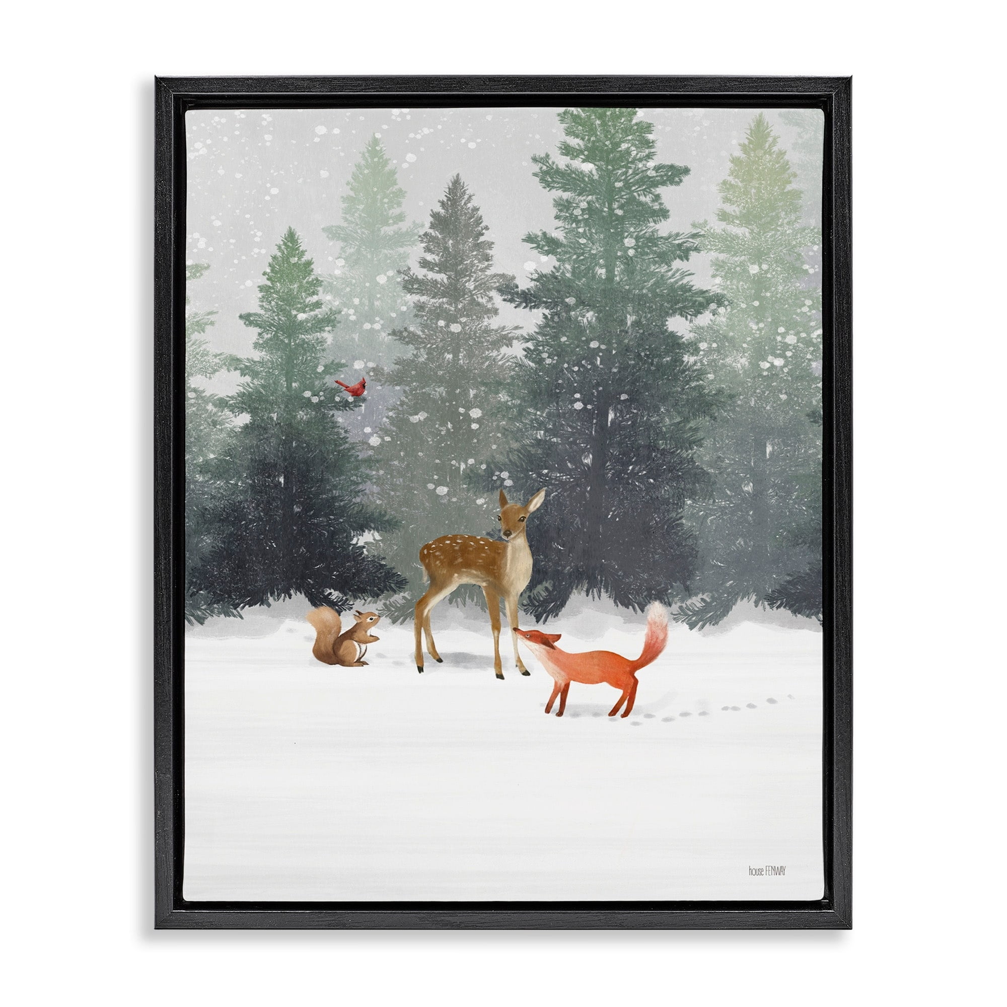 Stupell Industries Winter Season Forest Animals Fox Deer Squirrel Jet Black Framed Floating Canvas Wall Art, 16x20, by House Fenway