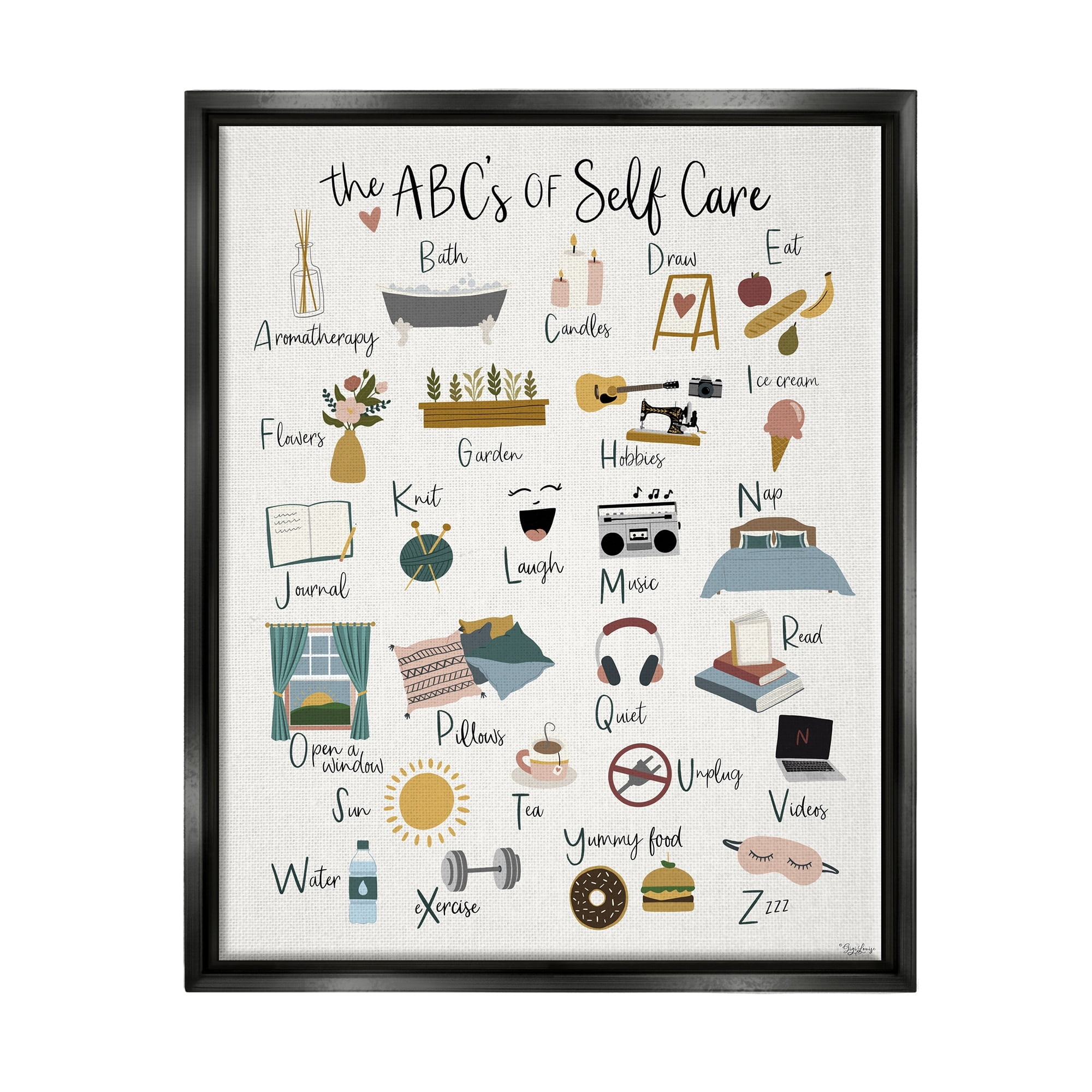 Stupell Industries ABC's of Self Care Adult Relaxation Alphabet Jet Black Framed Floating Canvas Wall Art, 16x20, by Gigi Louise