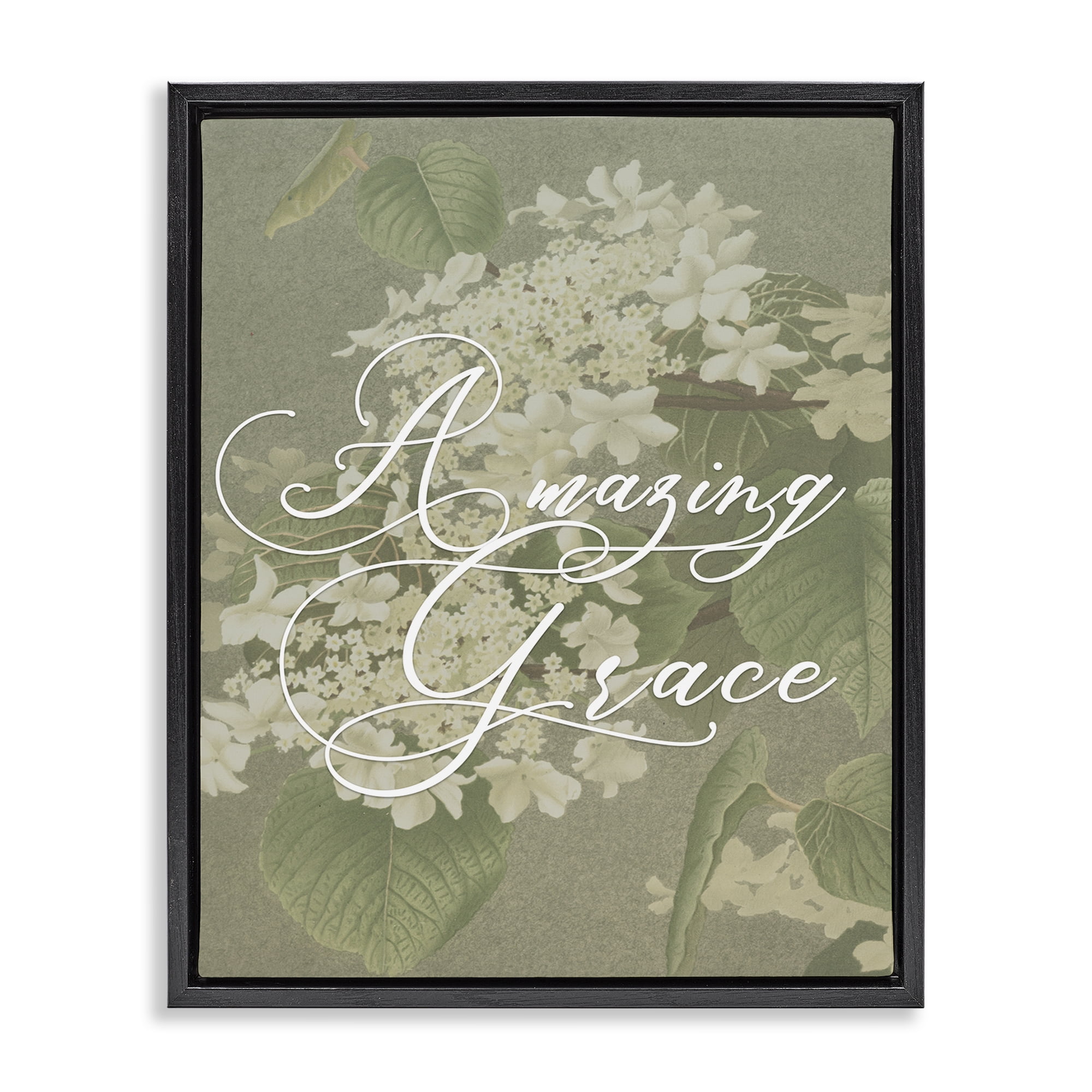 Amazing Grace Phrase Vintage White Flower Blossoms Black Floating Frame Canvas Art, 17 x 21, By Lil' Rue