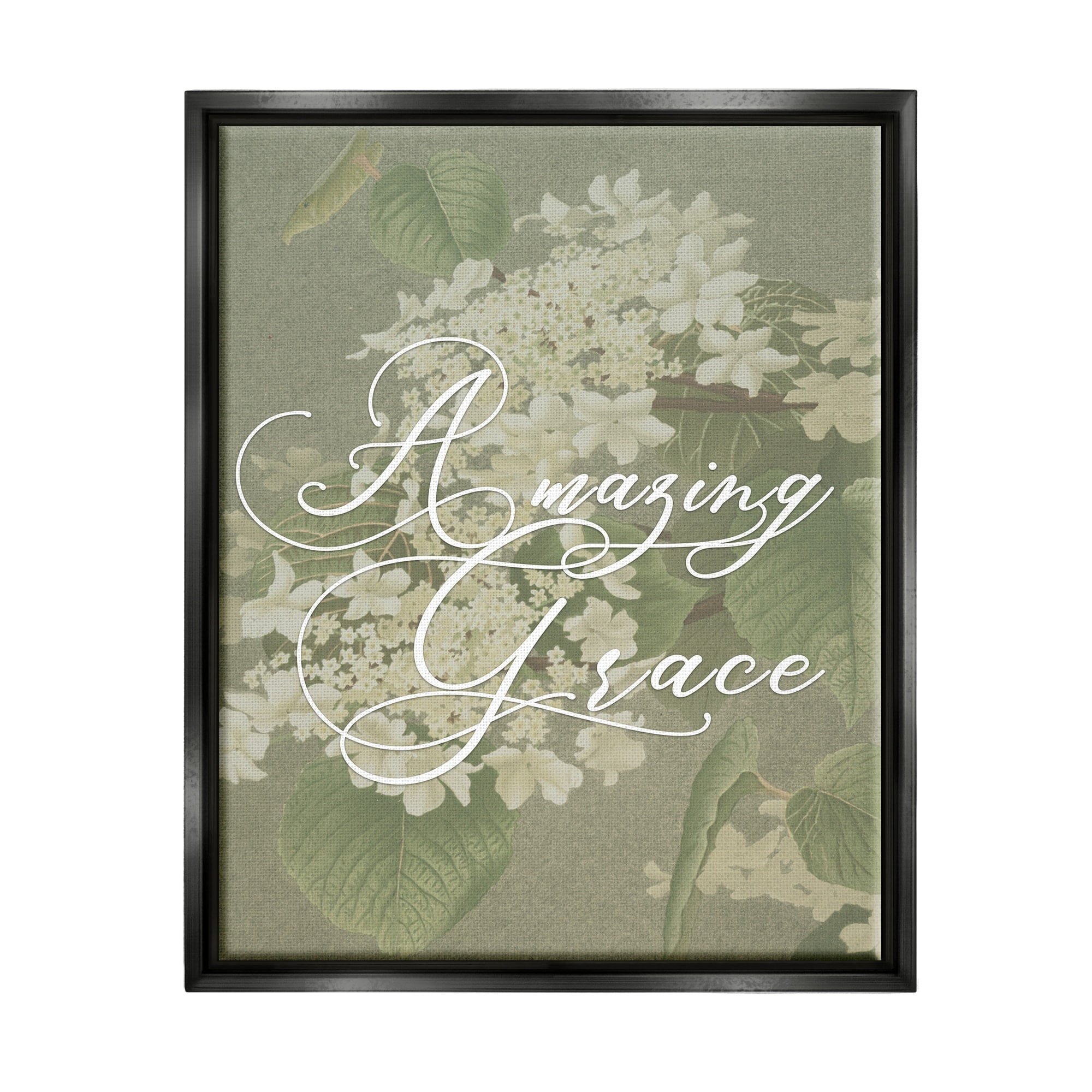 Stupell Industries Amazing Grace Phrase Vintage White Flower Blossoms Jet Black Framed Floating Canvas Wall Art, 16x20, by Daphne Polselli