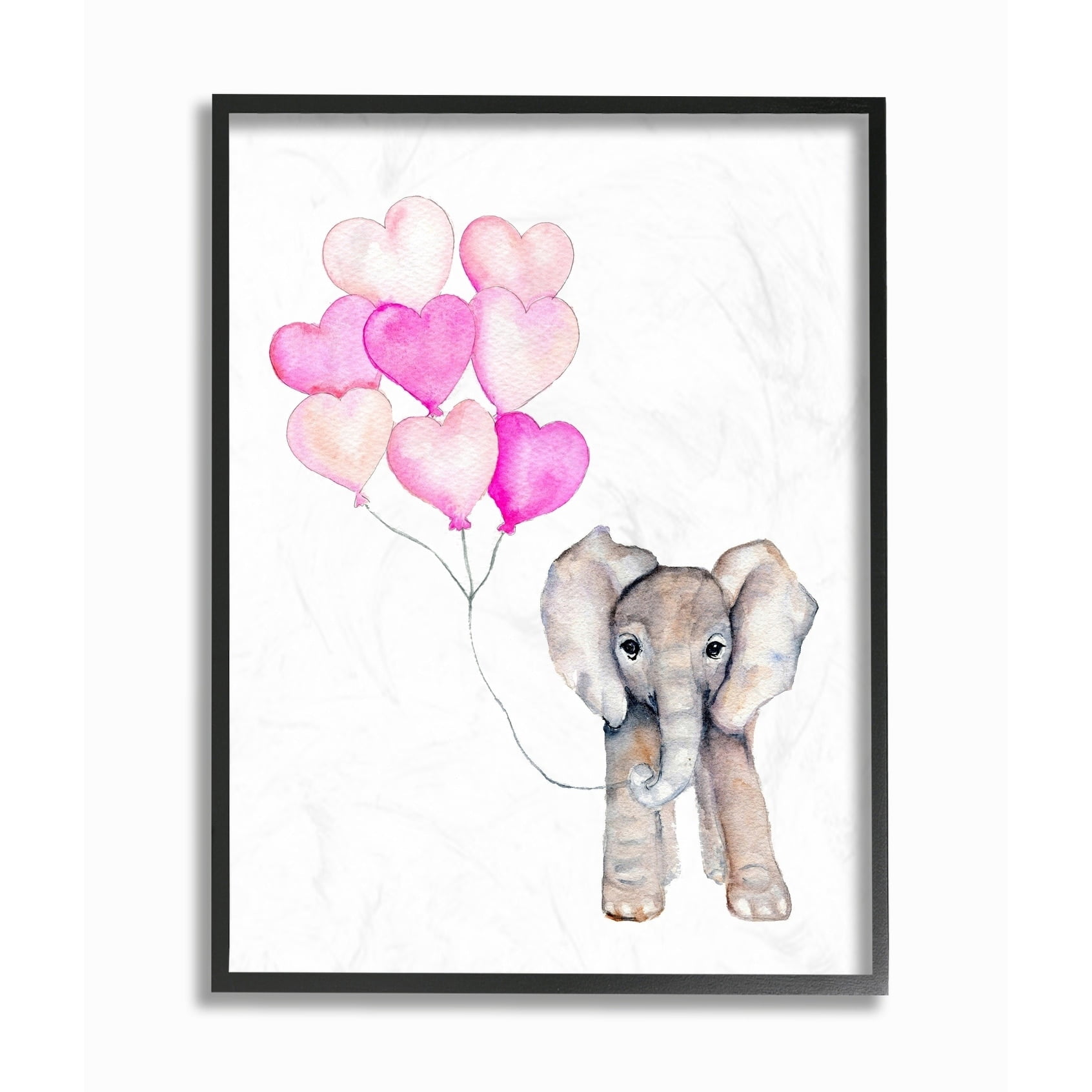 Stupell Industries Baby Elephant with Pink Heart Balloons Graphic Art Black Framed Art Print Wall Art, 24x30, by Daphne Polselli