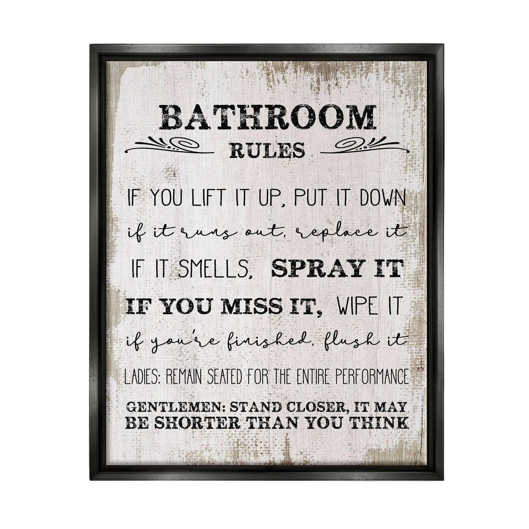 Stupell Industries Bathroom Rules Funny Word Wood Textured Design Jet Black Framed Floating Canvas Wall Art, 16x20, by Daphne Polselli