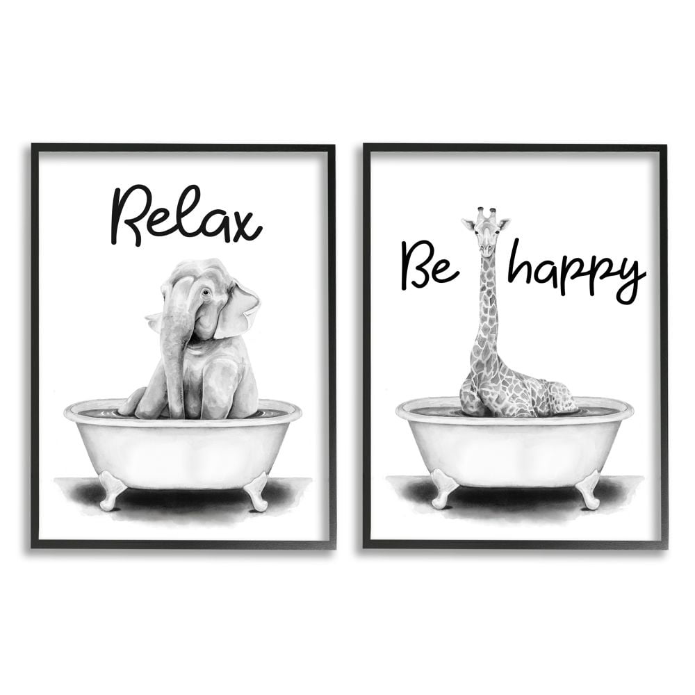 Stupell Industries Be Happy and Relax Jungle Animal Bathtub Illustration Framed Wall Art Design by Rachel Nieman, 2 Piece, 16" x 20", Black Framed