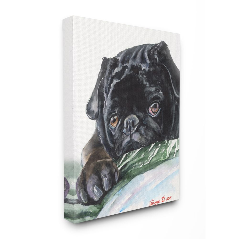 Stupell Industries Black Pug Dog Pet Animal Watercolor Painting Super Canvas Wall Art by George Dyachenko