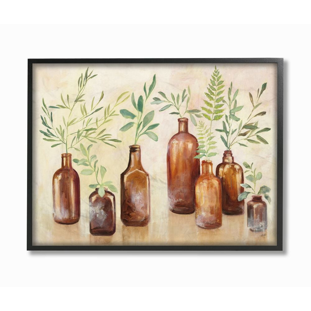 Stupell Industries Ferns and Plants Glass Jars Brown Green Painting Framed Wall Art Design by Julia Purinton, 24" x 30", Black Framed