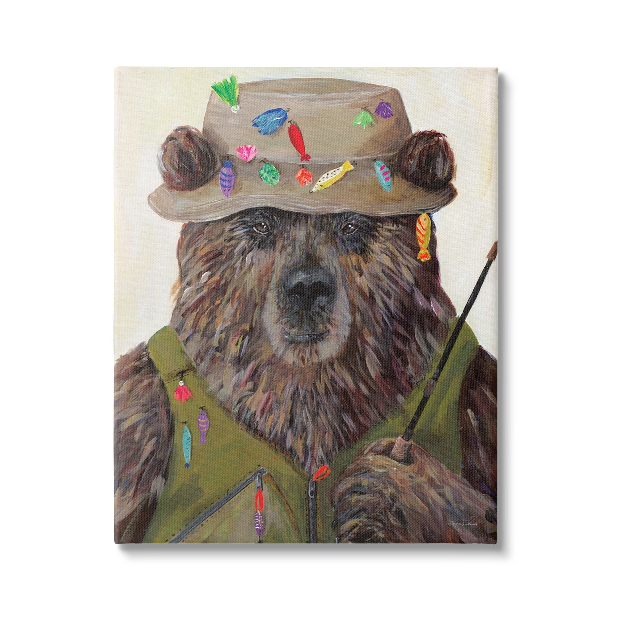 Stupell Industries Fisherman Outfit Brown Grizzly Bear Fishing Pole Paintings Gallery-Wrapped Canvas Print Wall Art, 36x48, by Kamdon Kreations
