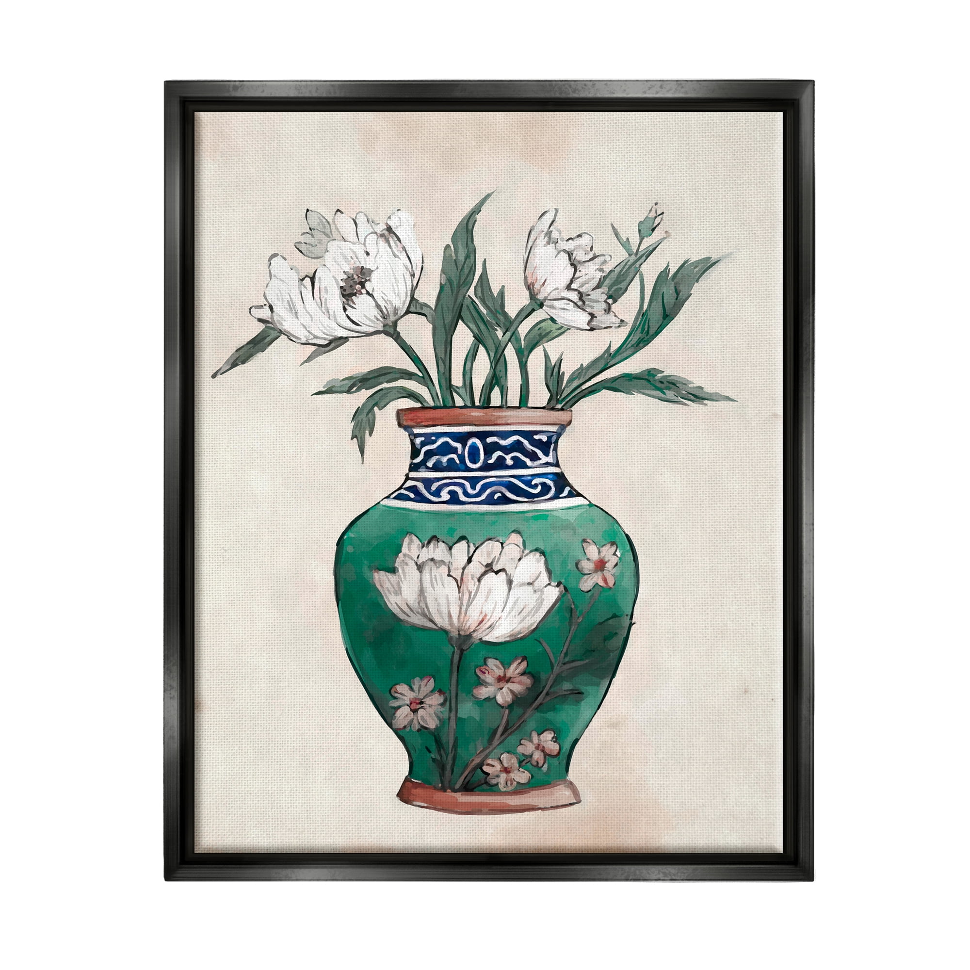 Stupell Industries Floral Oriental Vase Botanical & Floral Painting Black Floater Framed Canvas Art Print Wall Art, 17 x 21