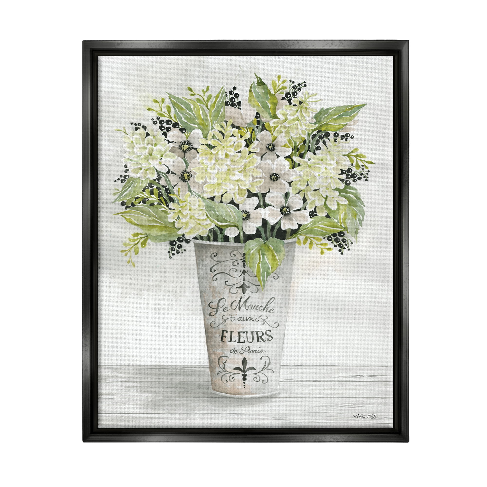 Stupell Industries French Floral Greenery Bouquet Parisian Charm Flowers Jet Black Framed Floating Canvas Wall Art, 16x20, by Cindy Jacobs