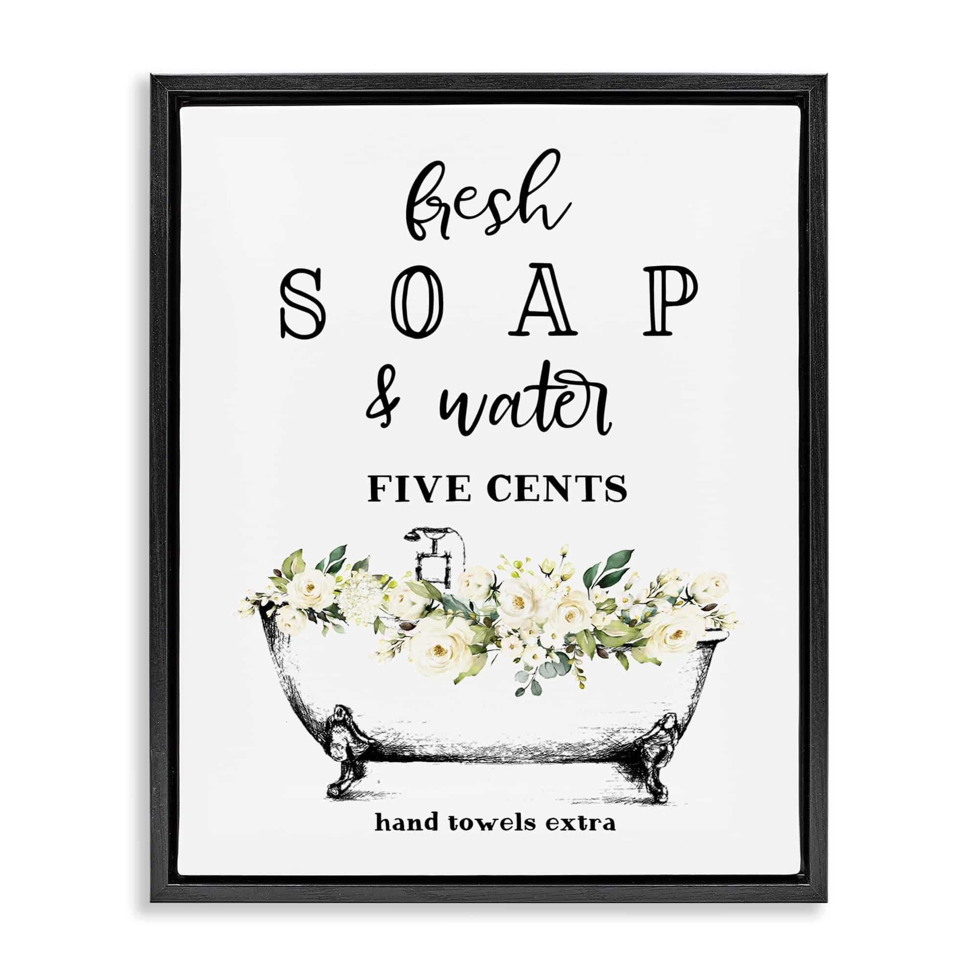 Stupell Industries Fresh Soap And Water Bath Tub Bathroom Design Jet Black Framed Floating Canvas Wall Art, 16x20, by Lettered and Lined