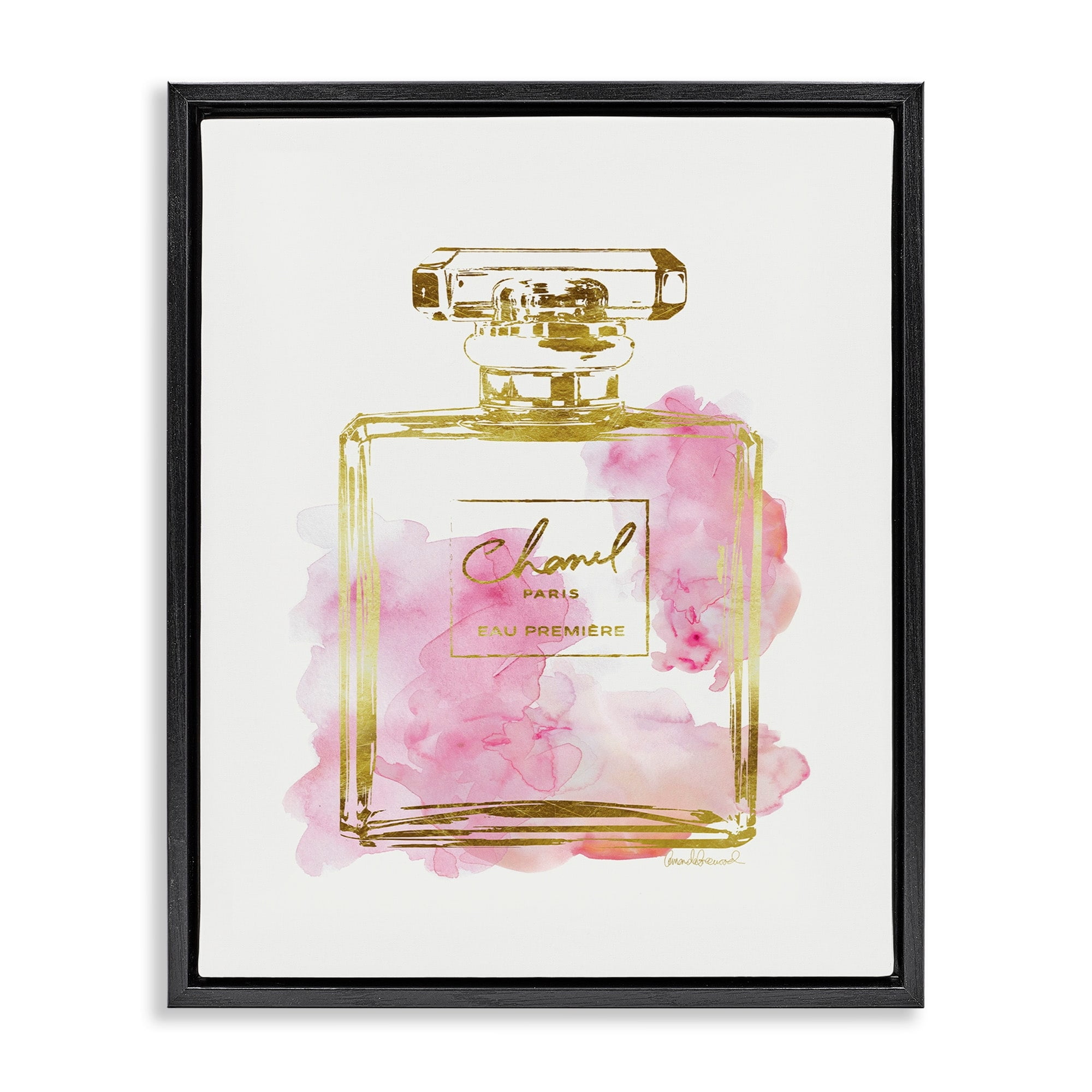 Stupell Industries Glam Perfume Bottle Gold Pink Jet Black Framed Floating Canvas Wall Art, 16x20, by Amanda Greenwood