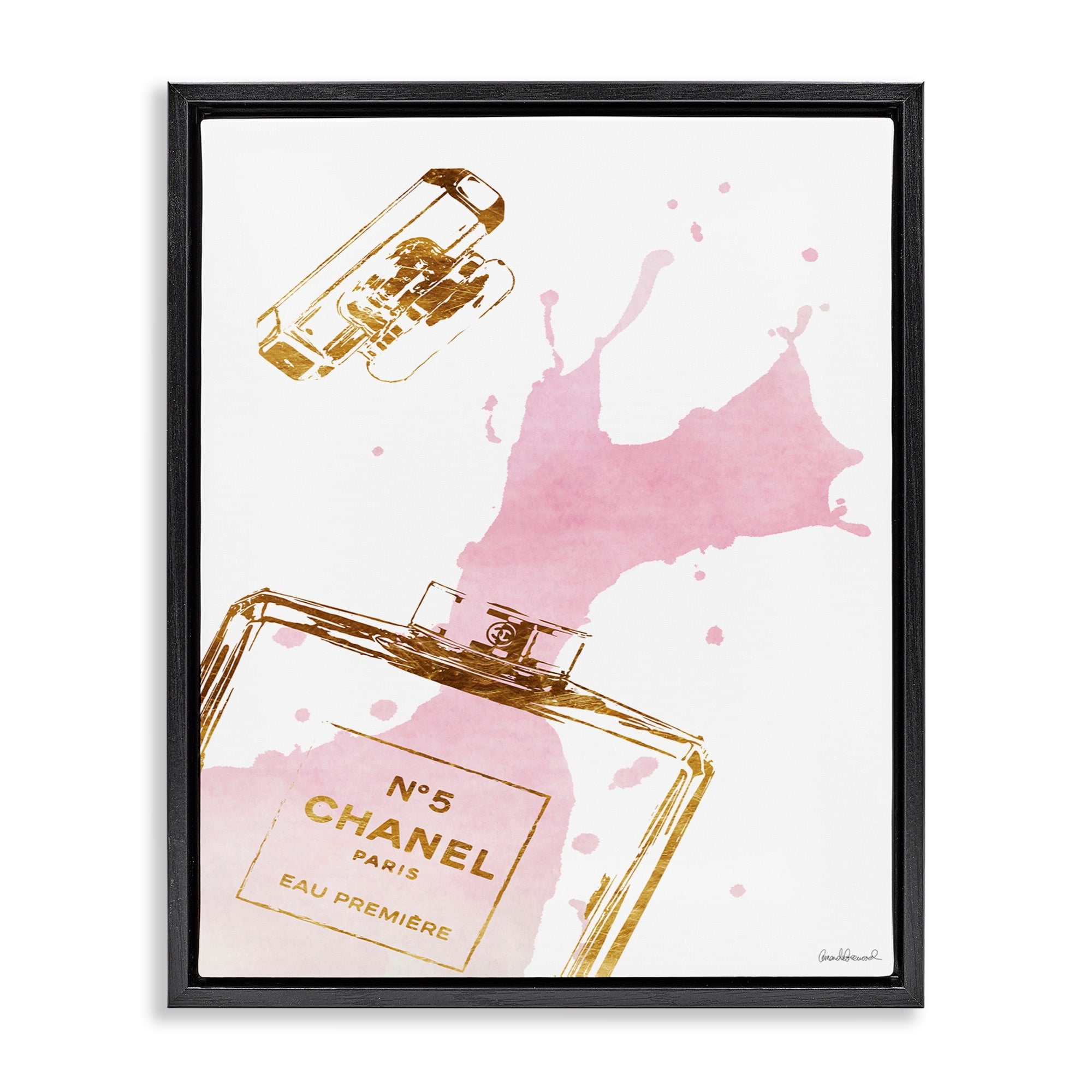 Stupell Industries Glam Perfume Bottle Splash Pink Gold Jet Black Framed Floating Canvas Wall Art, 16x20, by Amanda Greenwood