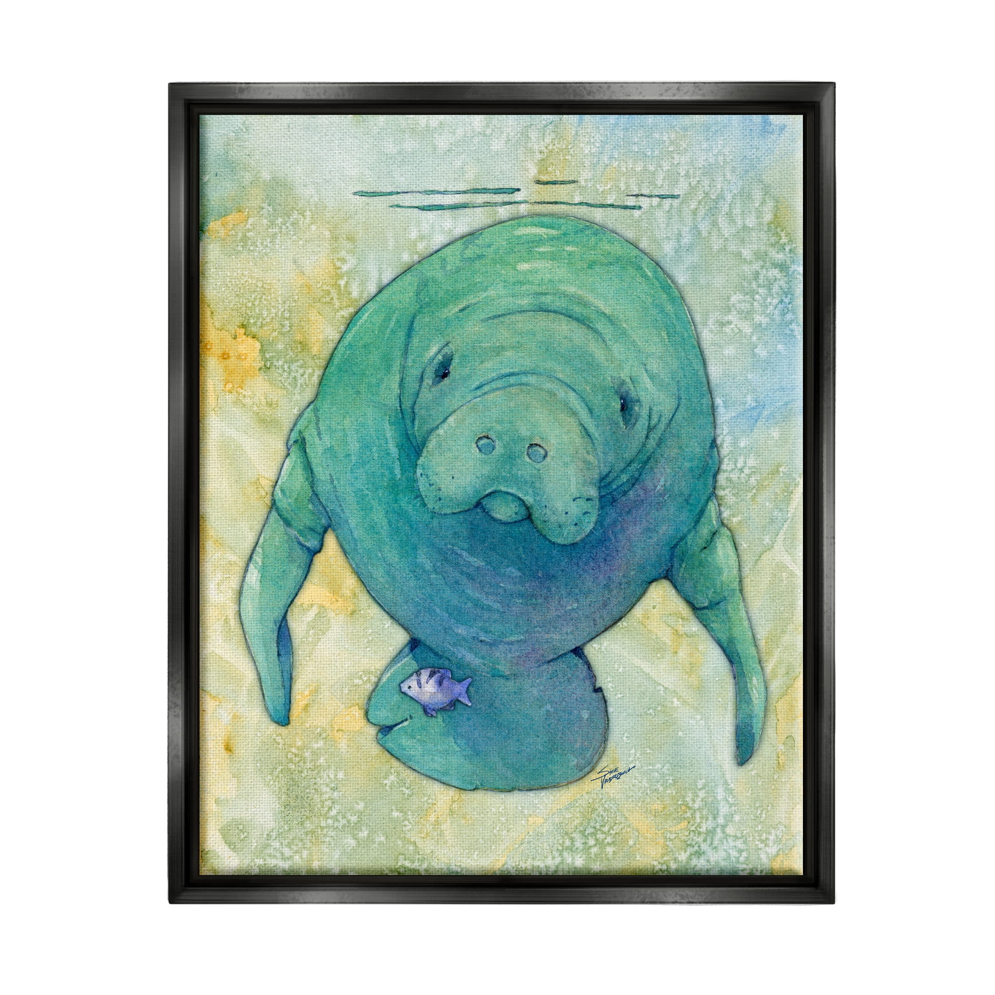 Stupell Industries Green Manatee Underwater Animals & Insects Painting Black Floater Framed Art Print Wall Art, 17 x 21