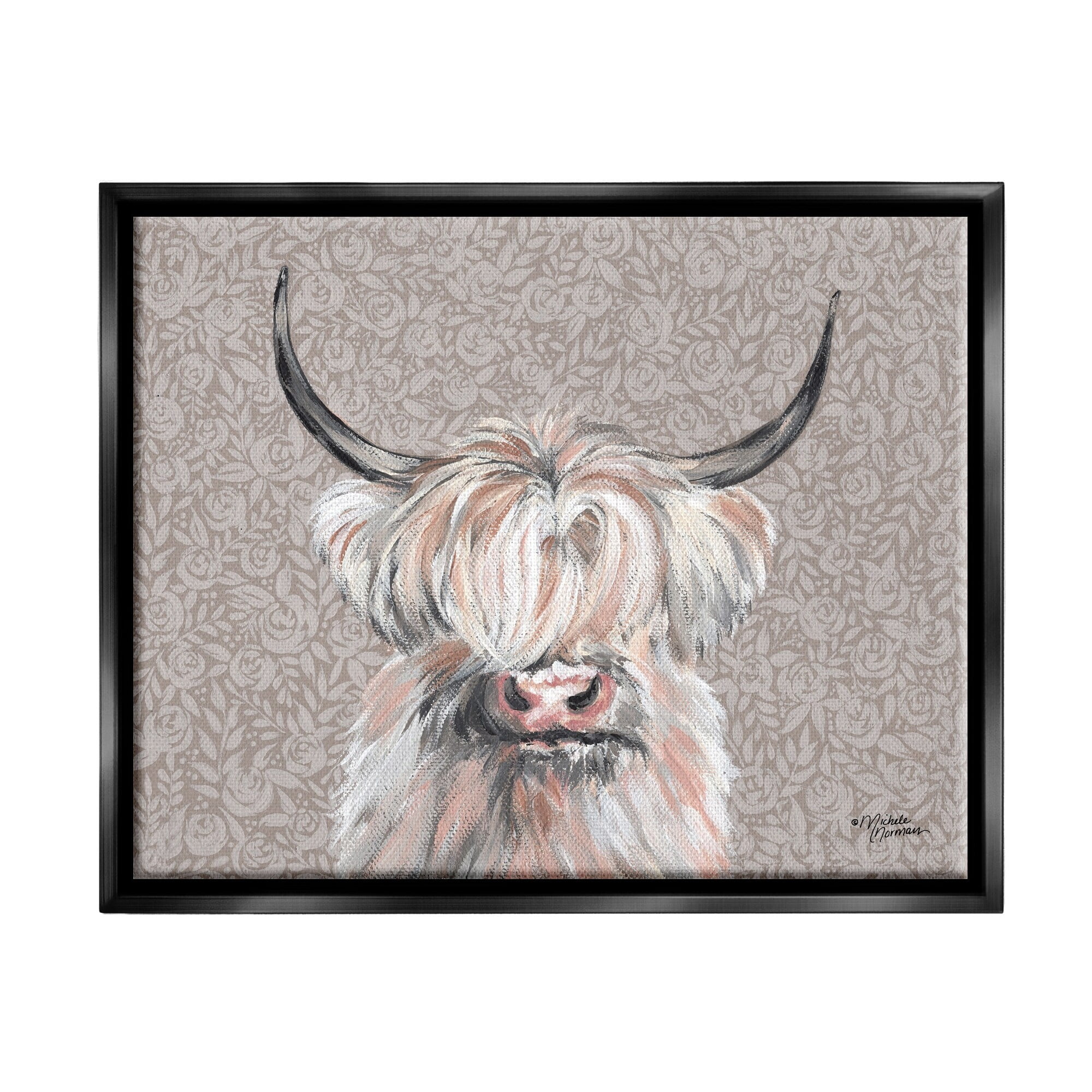 Stupell Industries Grumpy White Buffalo on Floral Print Farm Animal Jet Black Framed Floating Canvas Wall Art, 16x20, by Michele Norman