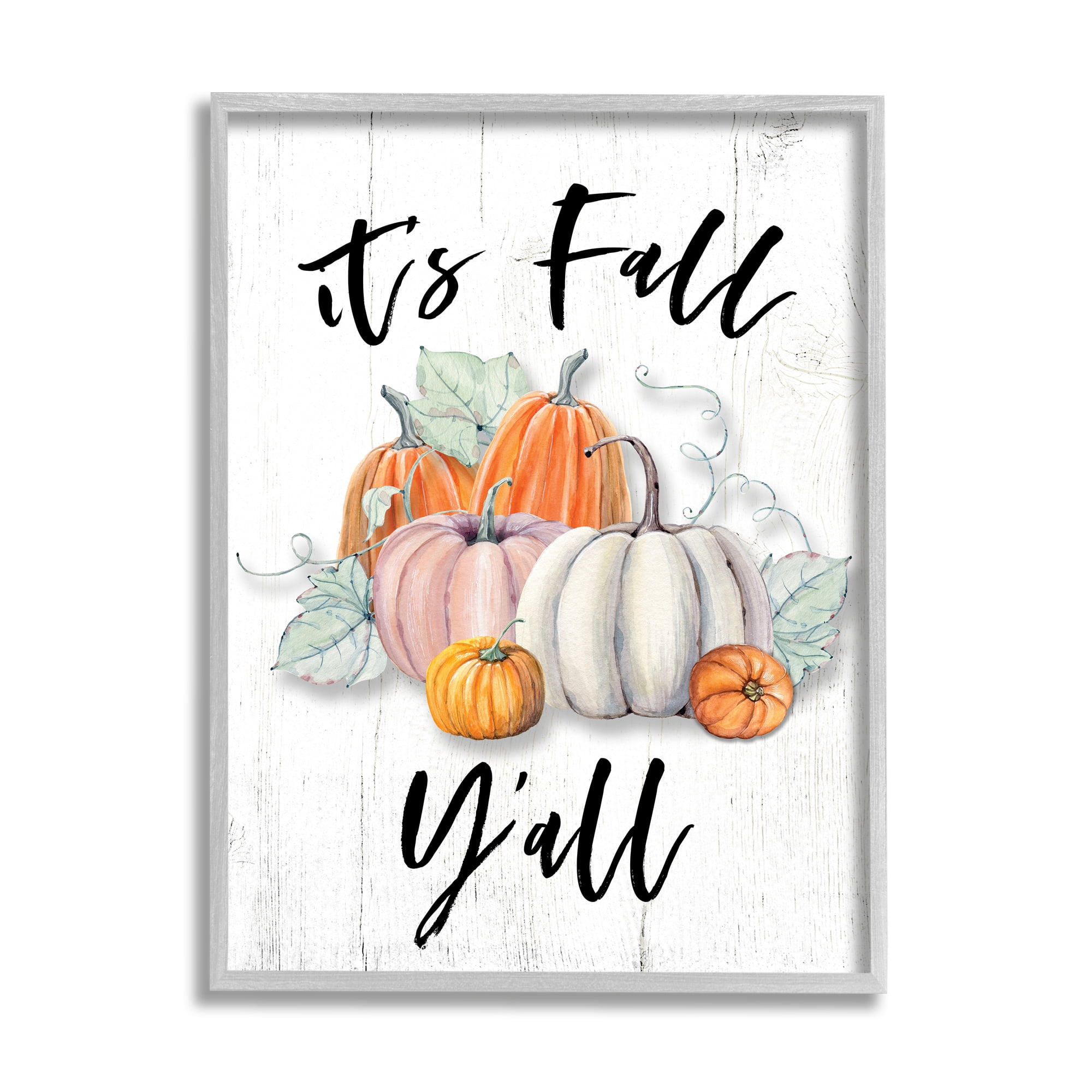 Stupell Industries It's Fall Y'all Seasonal Excitement Muted Harvest Pumpkins Graphic Art Gray Framed Art Print Wall Art, 24x30, by Valerie Wieners