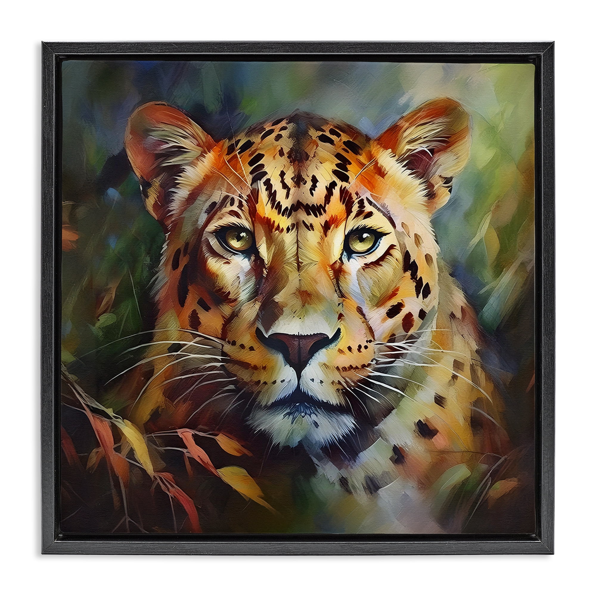 Stupell Industries Leopard Face Portrait Animals Painting Black Floater Framed Canvas Art Print Wall Art, 18 x 18