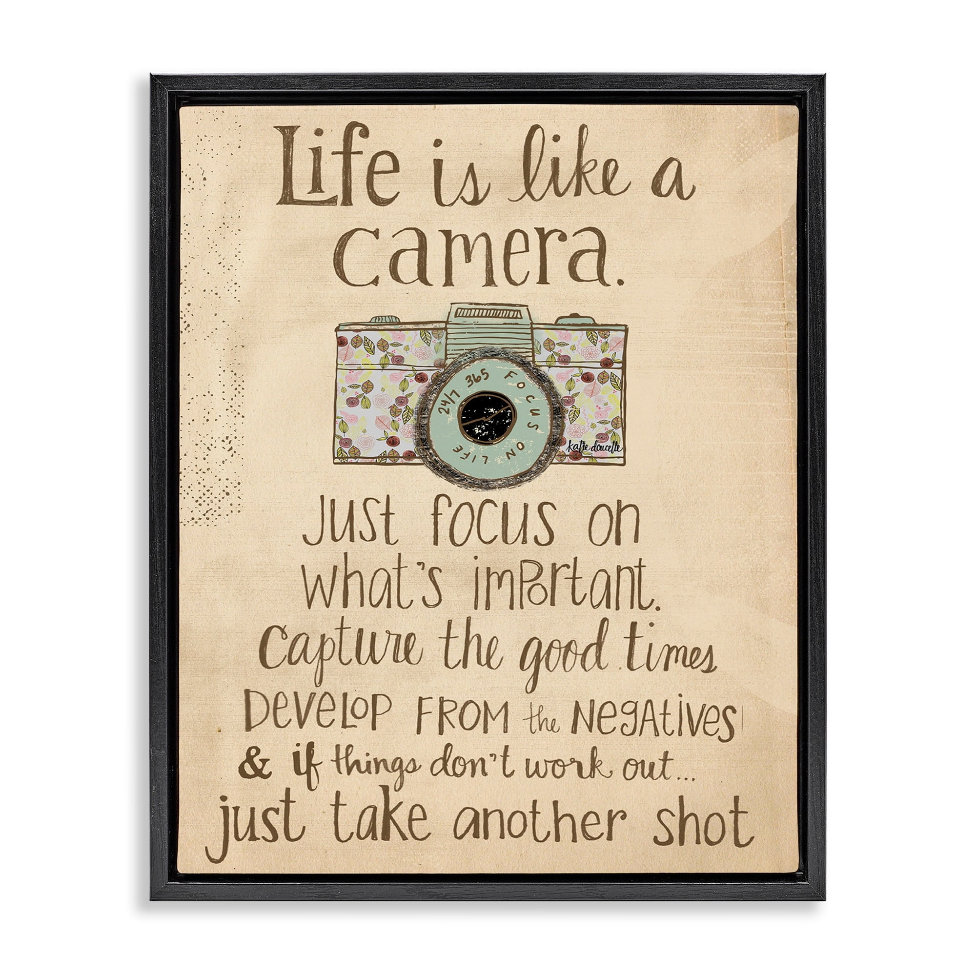 Stupell Industries Life Is Like A Camera Inspirational Jet Black Framed Floating Canvas Wall Art, 16x20, by Katie Doucette