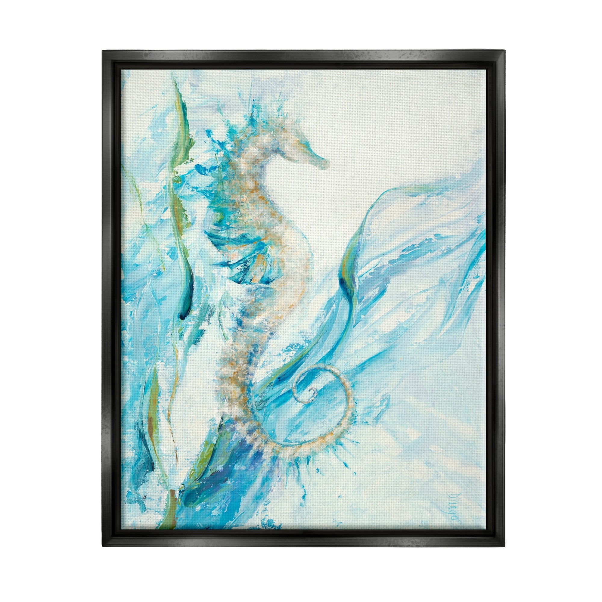 Stupell Industries Nautical Seahorse Blue Fluid Ocean Water Jet Black Framed Floating Canvas Wall Art, 16x20, by Third and Wall