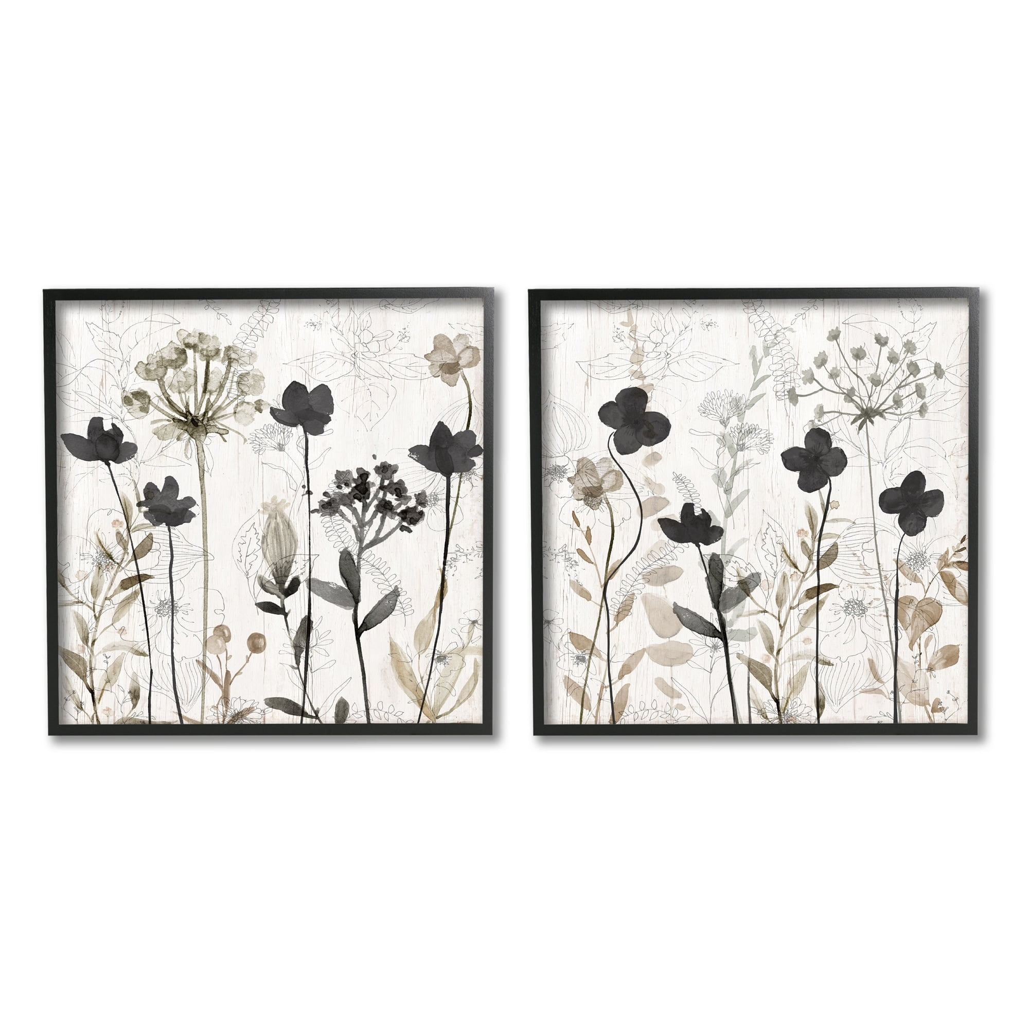 Stupell Industries Neutral Flower Hues Rustic Boho Botanical & Floral Painting Black Framed Art Print Wall Art, Set of 2