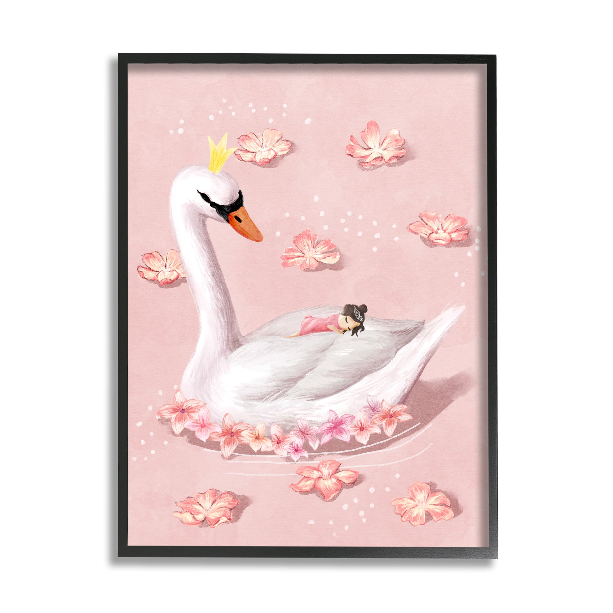 Stupell Industries Nursery Swan Baby Princess Pink Floral Lake Framed Wall Art Design by Ziwei Li, 24" x 30", Black Framed