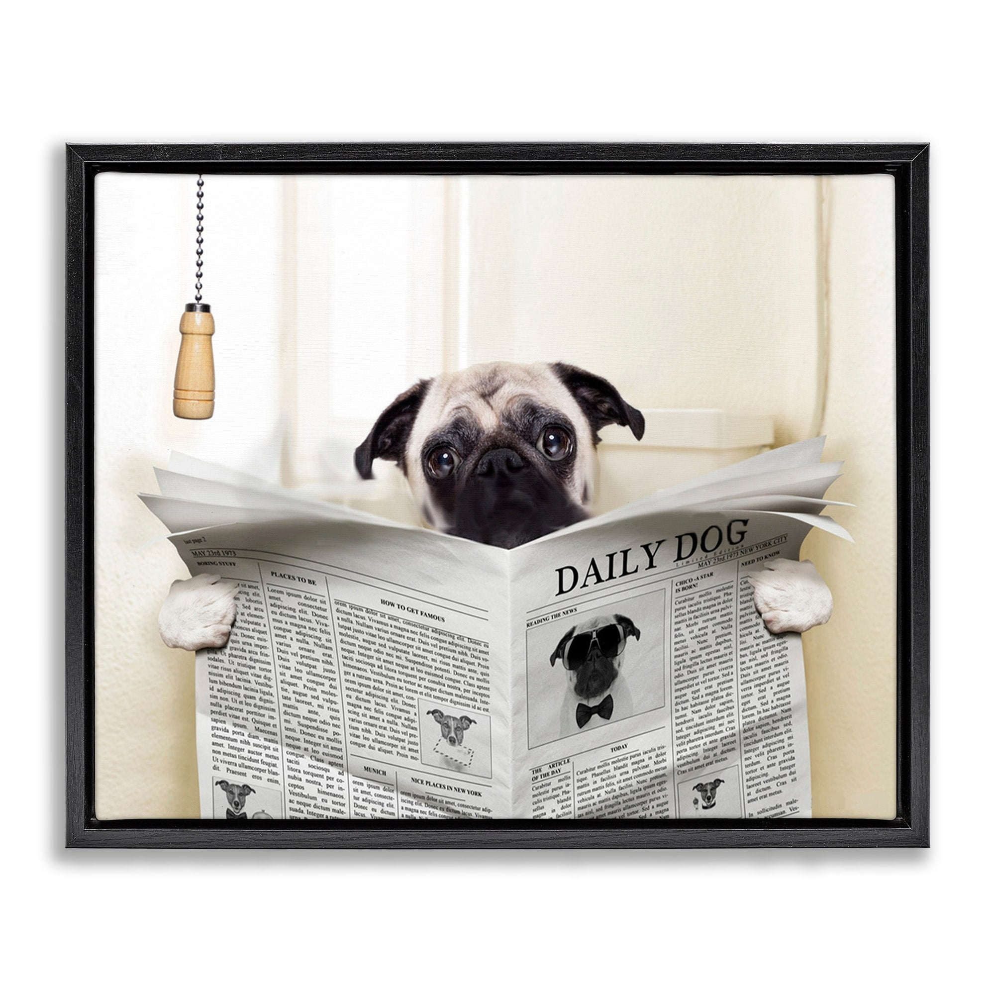 Stupell Industries Pug Reading Newspaper in Bathroom Jet Black Framed Floating Canvas Wall Art, 16x20, by In House