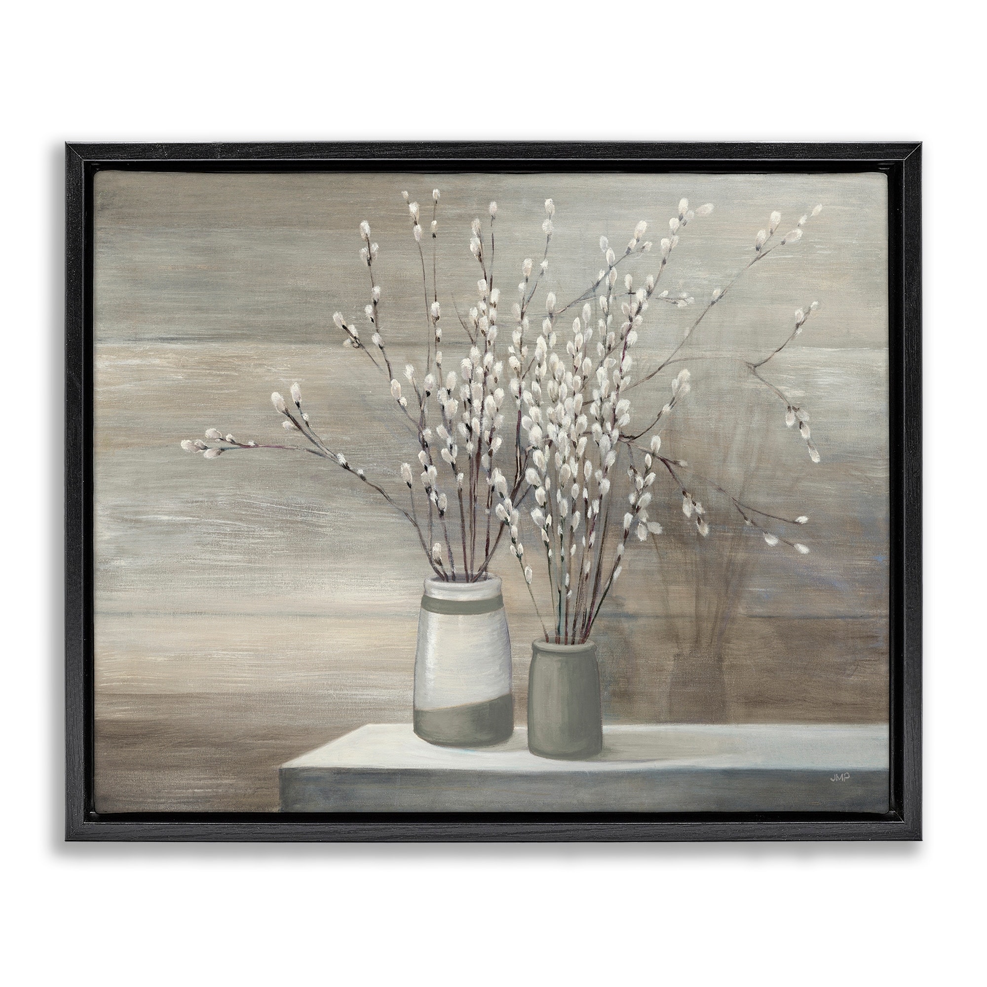 Stupell Industries Pussy Willow Still Life Jet Black Framed Floating Canvas Wall Art, 16x20, by Wild Apple Portfolio