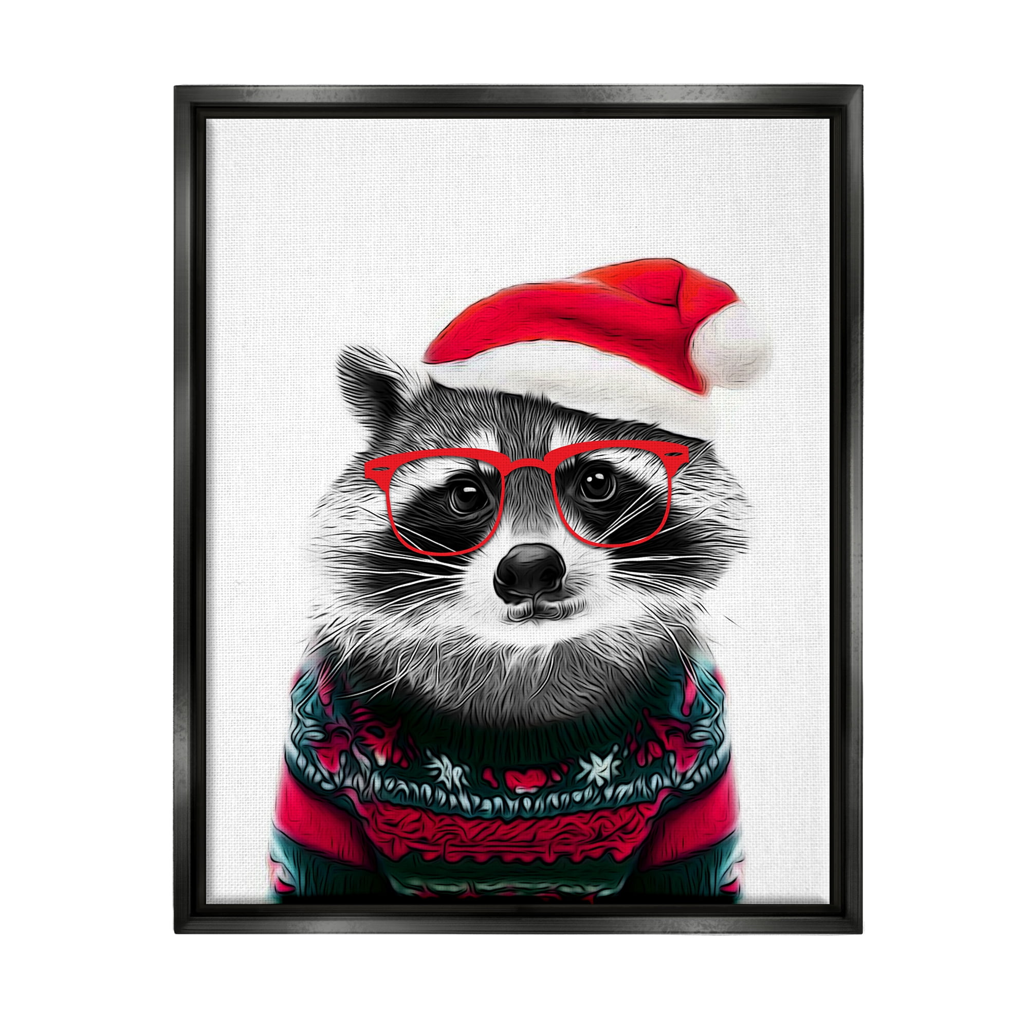 Stupell Industries Raccoon in Holiday Sweater Holiday Painting Black Floater Framed Canvas Art Print Wall Art, 17 x 21