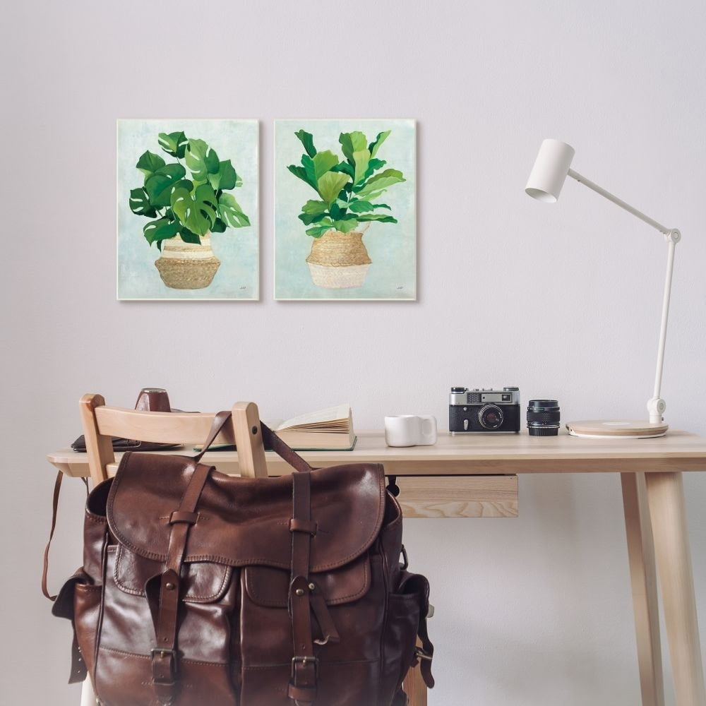 Stupell Industries Serene Monstera Indoor Plant Minimal Green Tan Framed Wall Art Design by Julia Purinton, 2 Piece, 16" x 20", Gray Framed