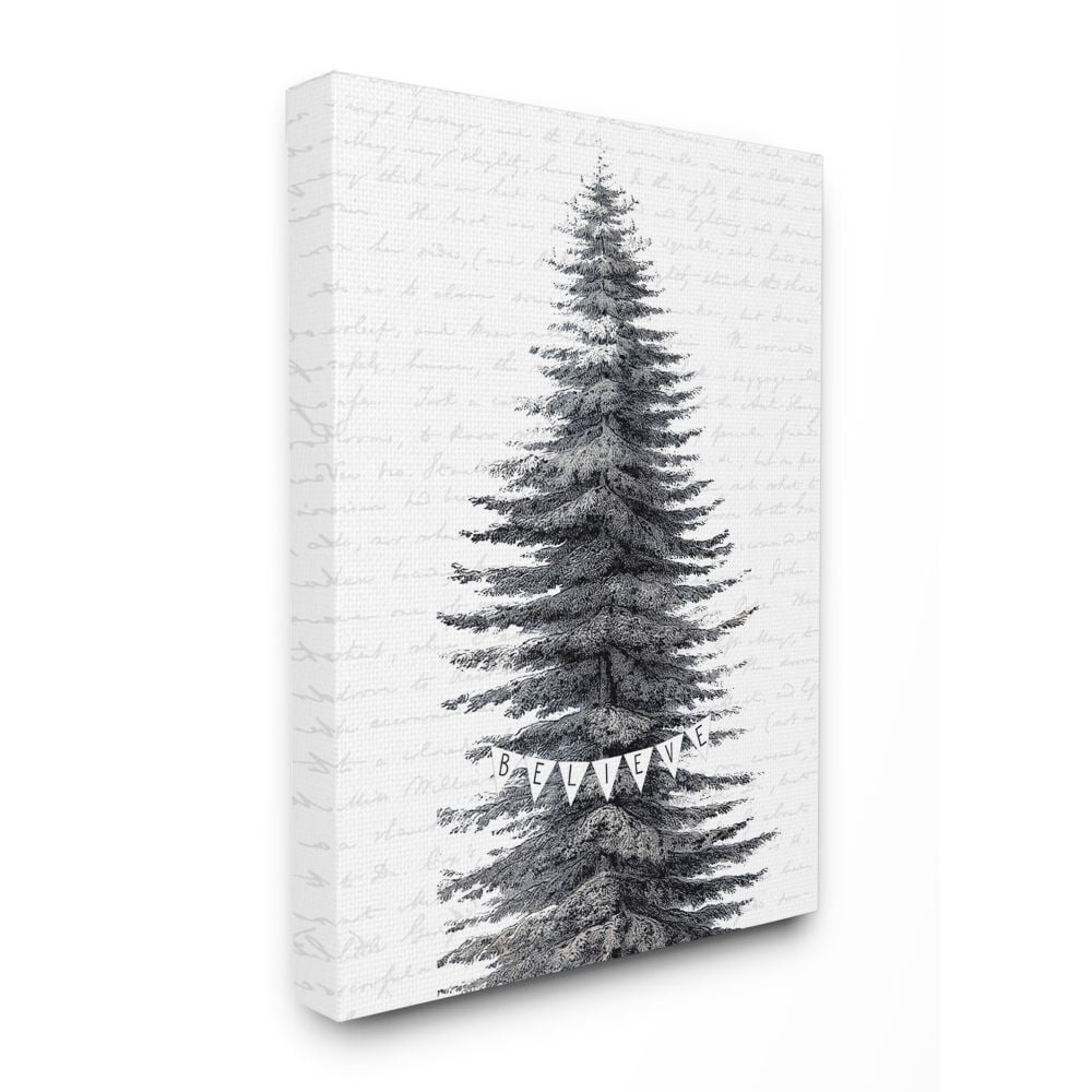 Stupell Industries Snow Covered Christmas Tree Believe Holiday Word DesignCanvas Wall Art By Artist Lettered and Lined