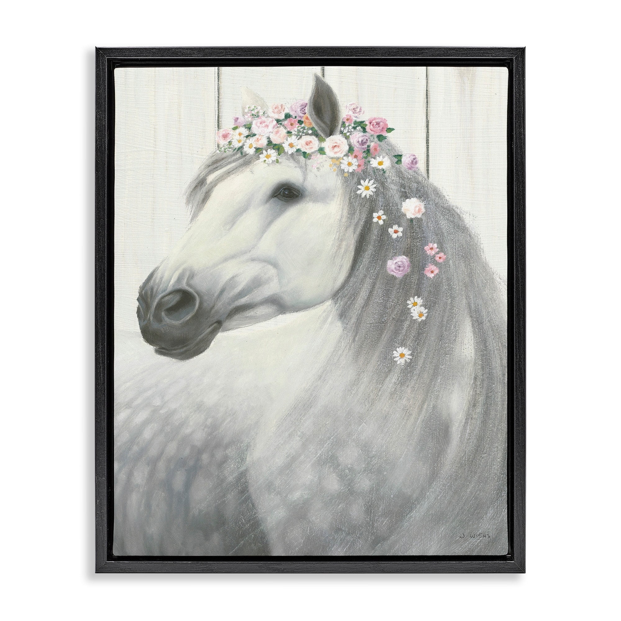 Stupell Industries Spirit Stallion Horse with Flower Crown Jet Black Framed Floating Canvas Wall Art, 16x20, by James Wiens