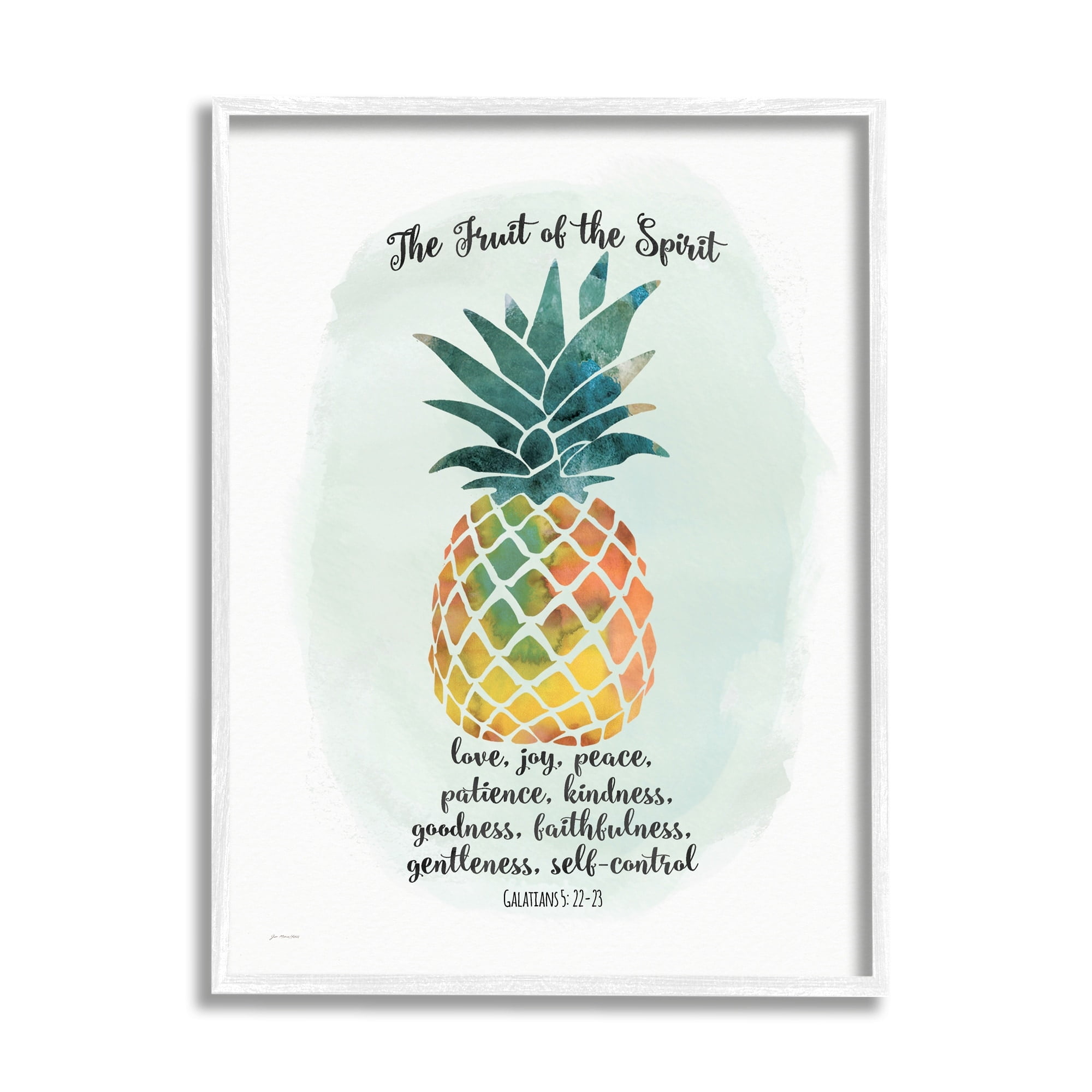 Stupell Industries The Fruit of the Spirit Multicolored Pineapple Graphic Art White Framed Art Print Wall Art, 24x30, by Jo Moulton