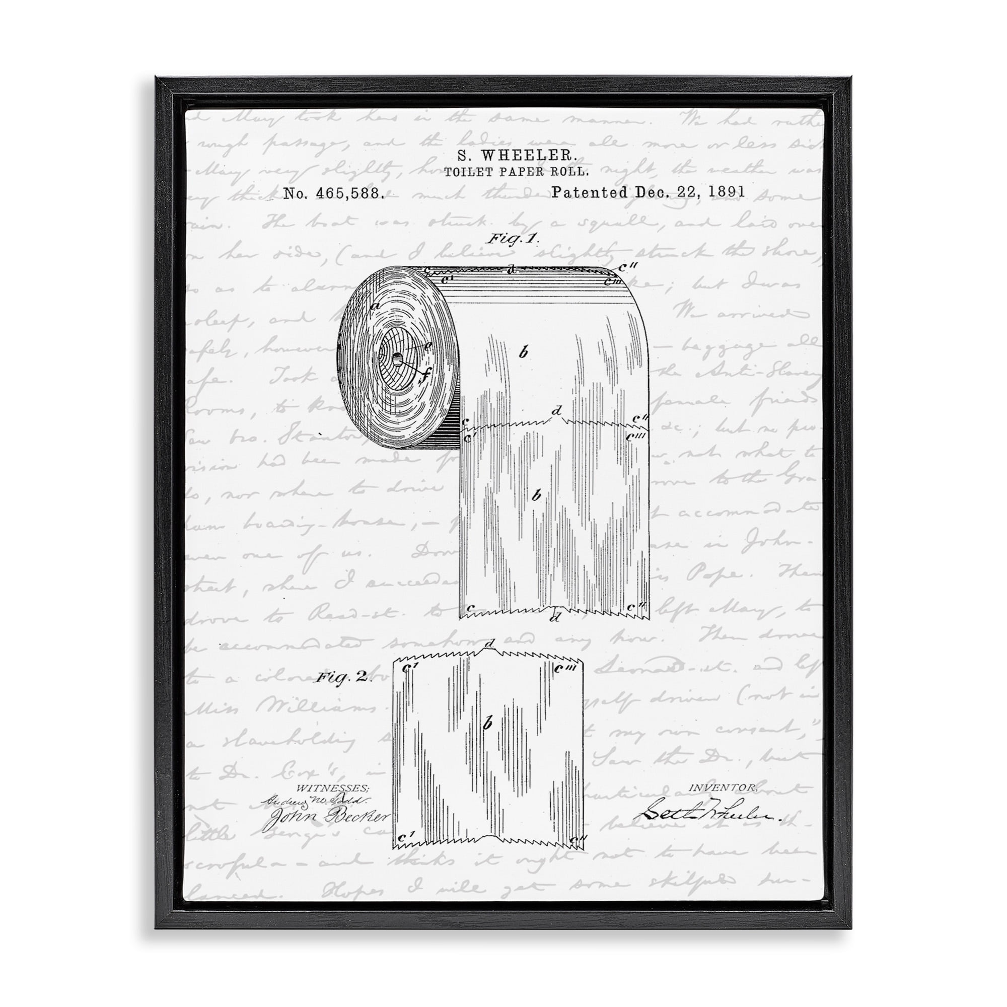 Stupell Industries Toilet Paper Roll Patent Black And White Bathroom Design Jet Black Framed Floating Canvas Wall Art, 16x20, by Lettered and Lined