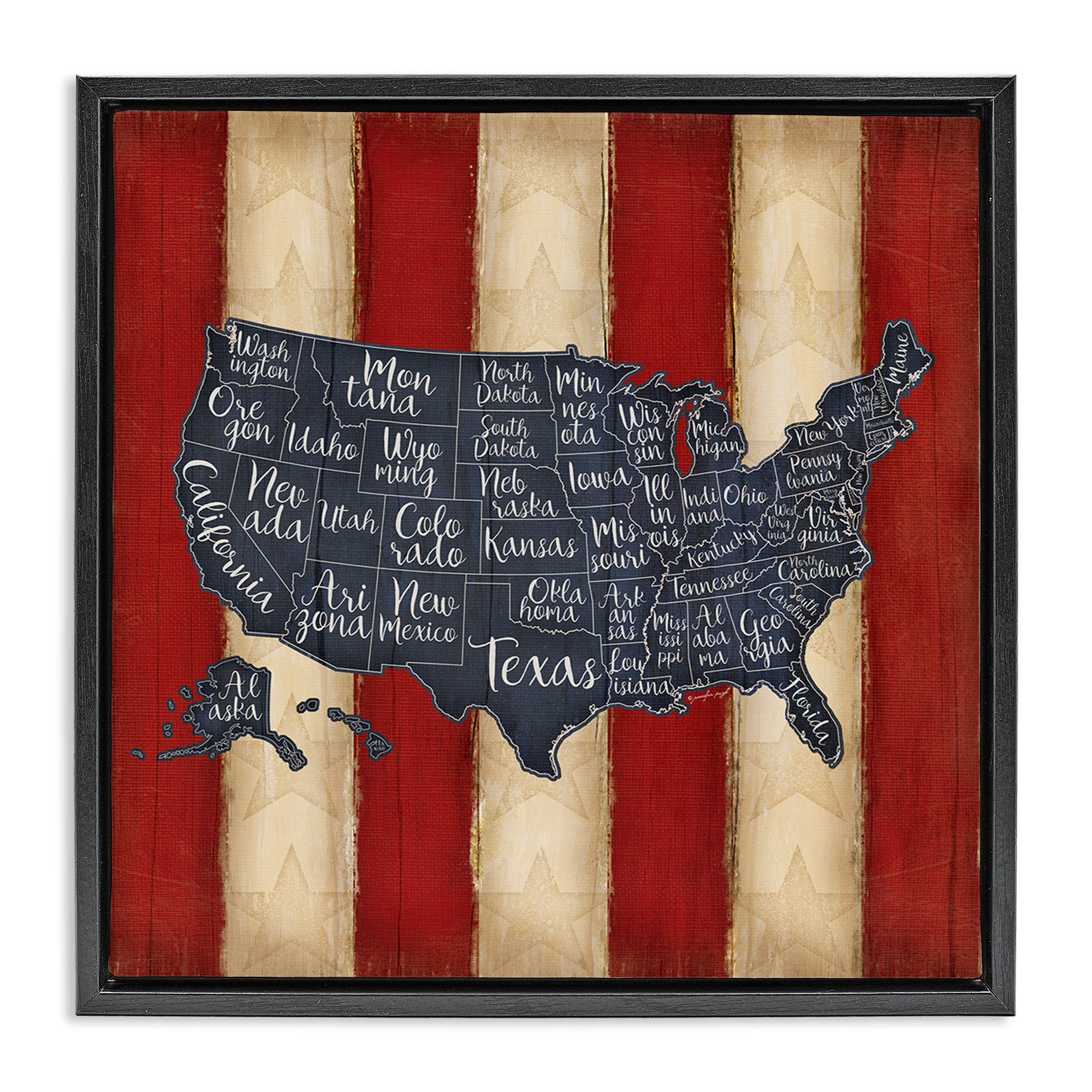 Stupell Industries United States Map on Stripes Art for Kids Painting Black Floater Framed Canvas Art Print Wall Art, 18 x 18