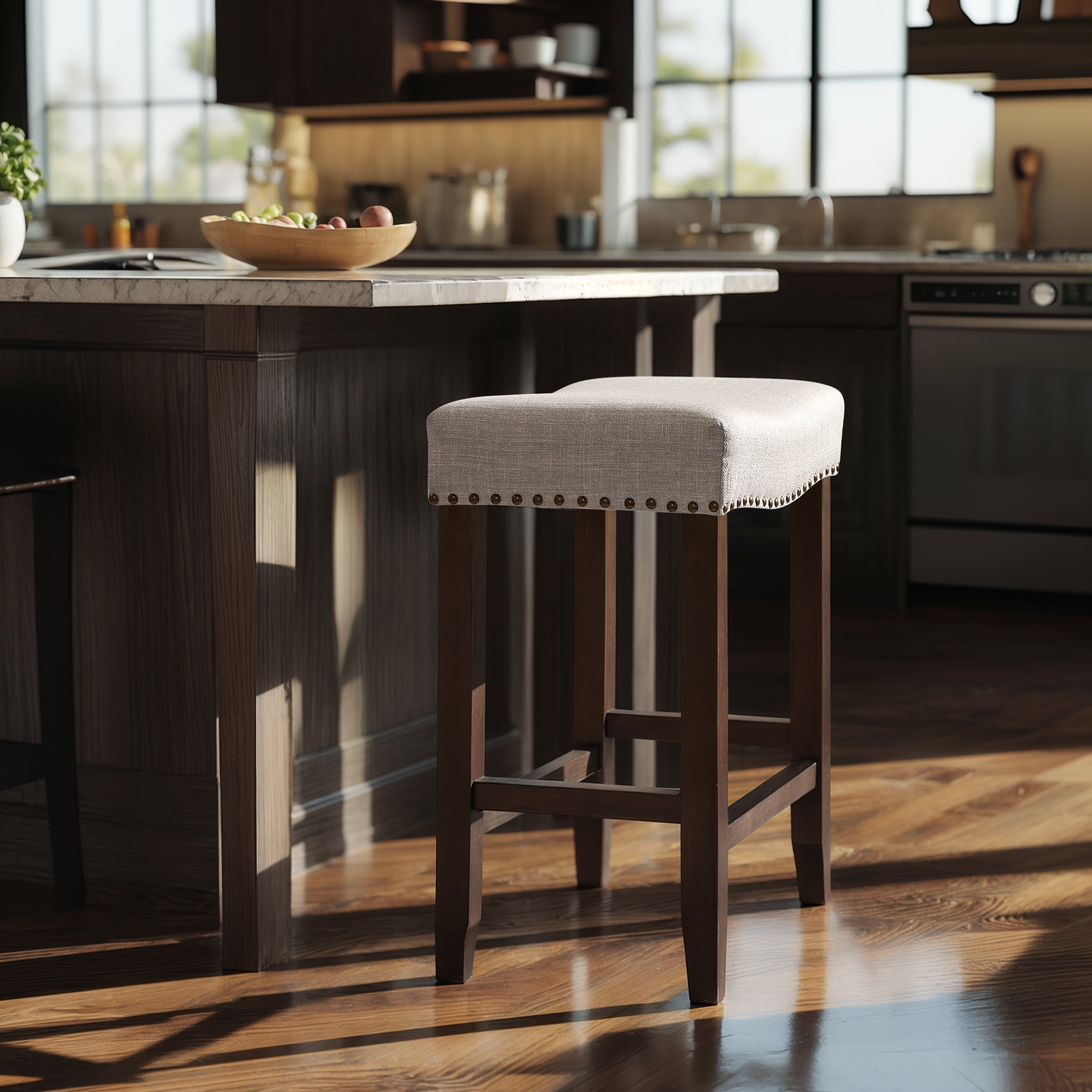 Subrtex 29" Backless Bar Stool, Wood Upholstered Counter Stool for Kitchen, Gray