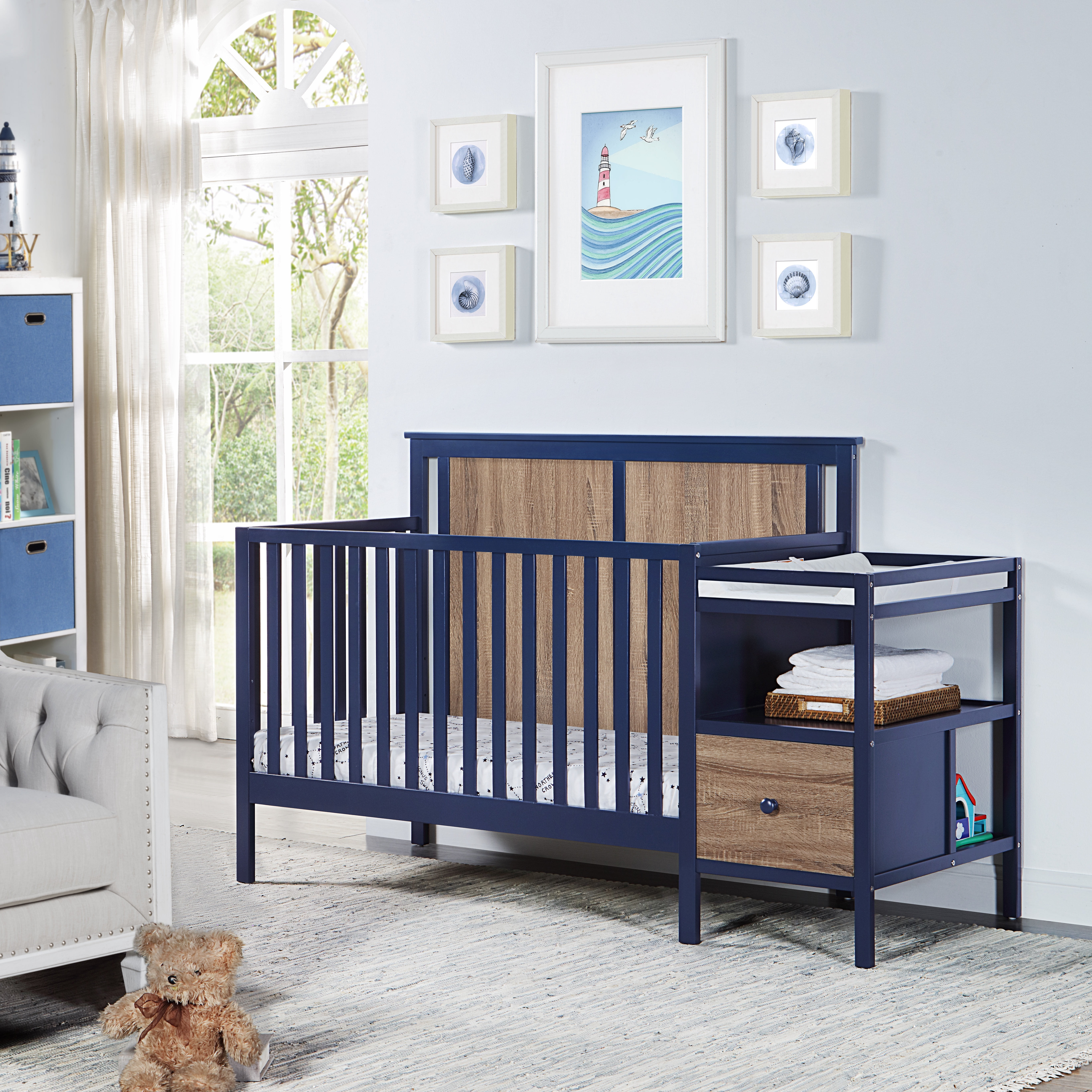 Suite Bebe Connelly 4-in-1 Convertible Mini Crib with Mattress Pad, Blue